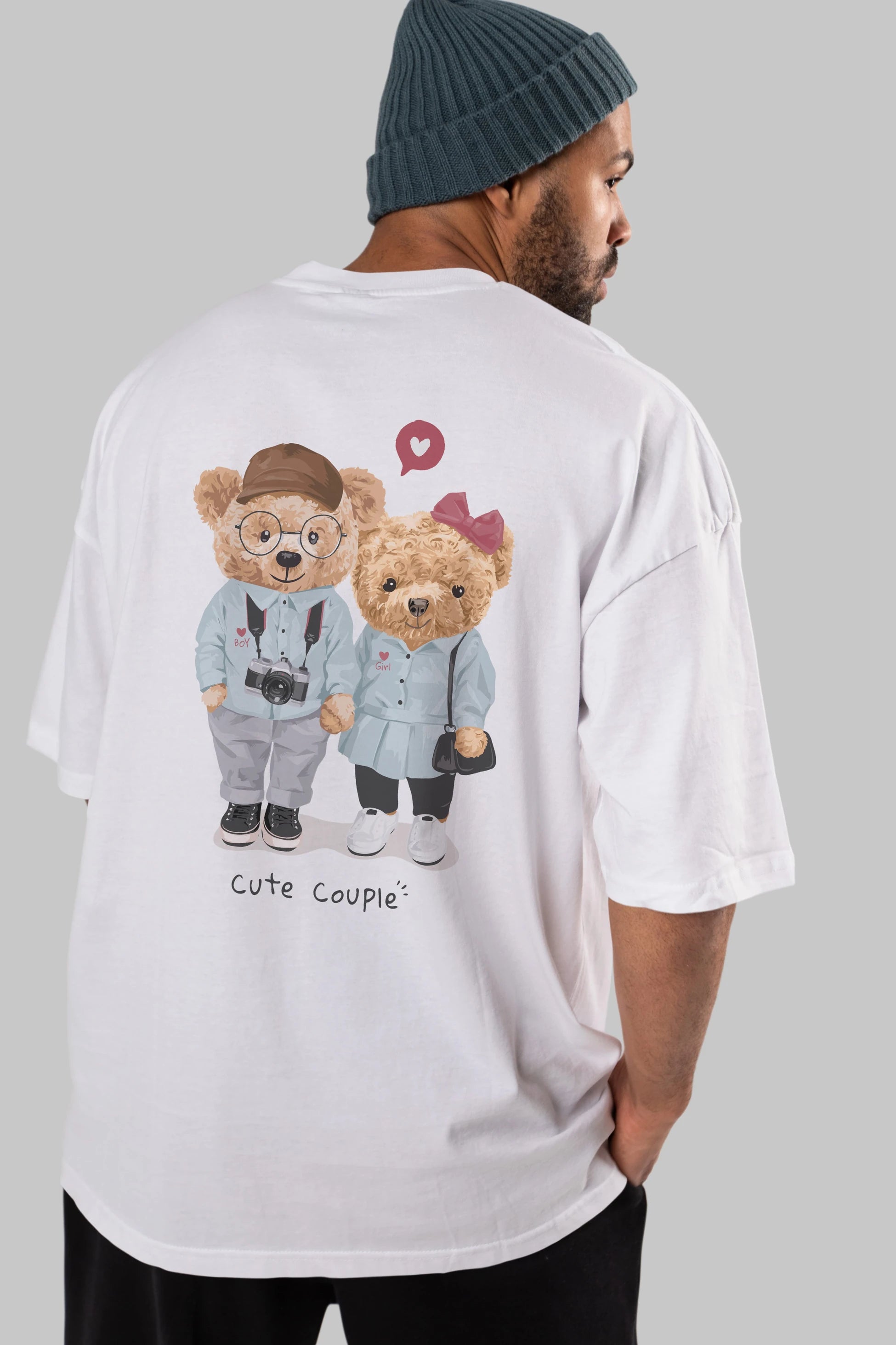 Teddy Bear Cute Couple Arka Baskılı Oversize t-shirt Erkek Kadın Unisex %100 Pamuk