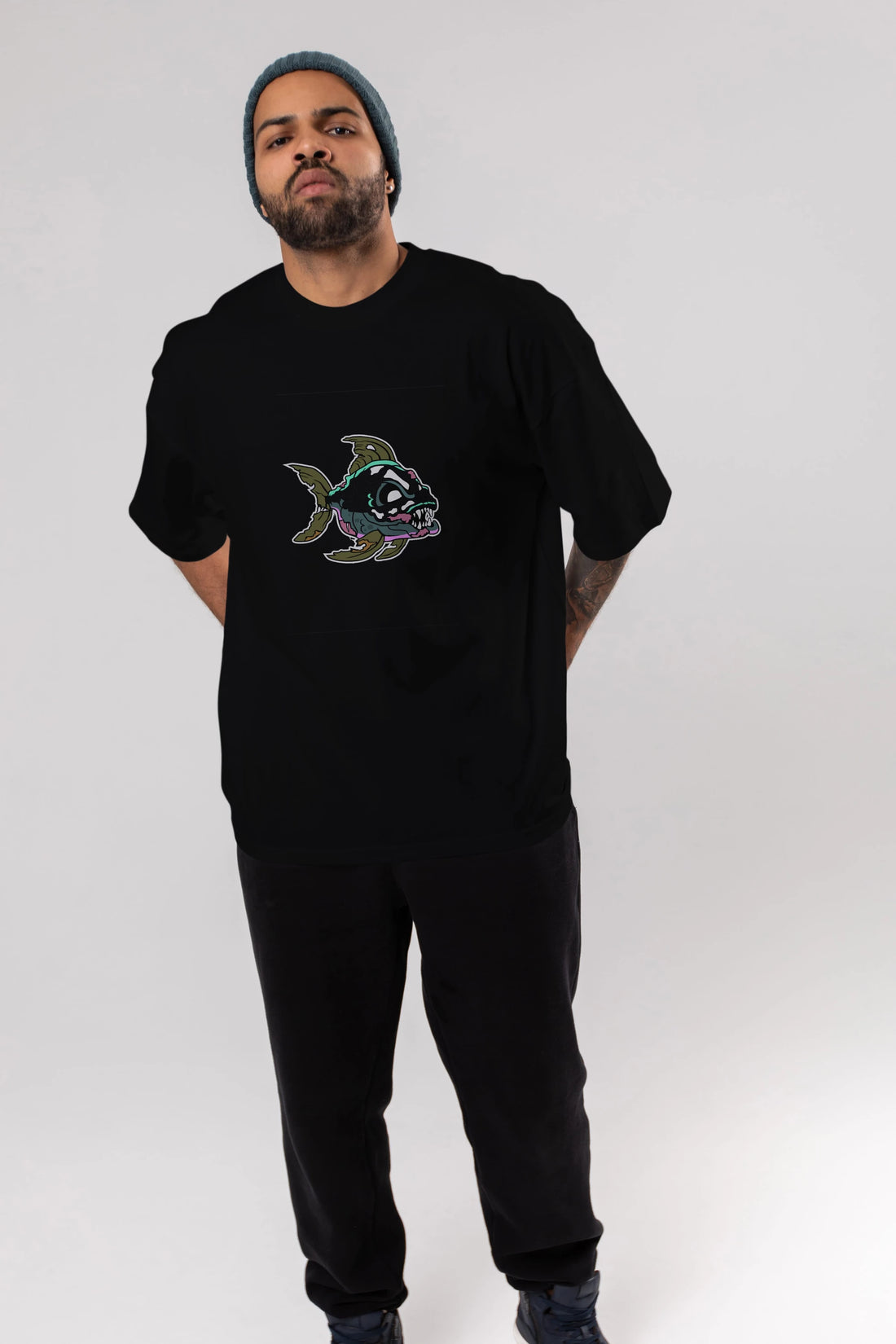 Fish Monster Ön Baskılı Oversize t-shirt Erkek Kadın Unisex %100 Pamuk tişort