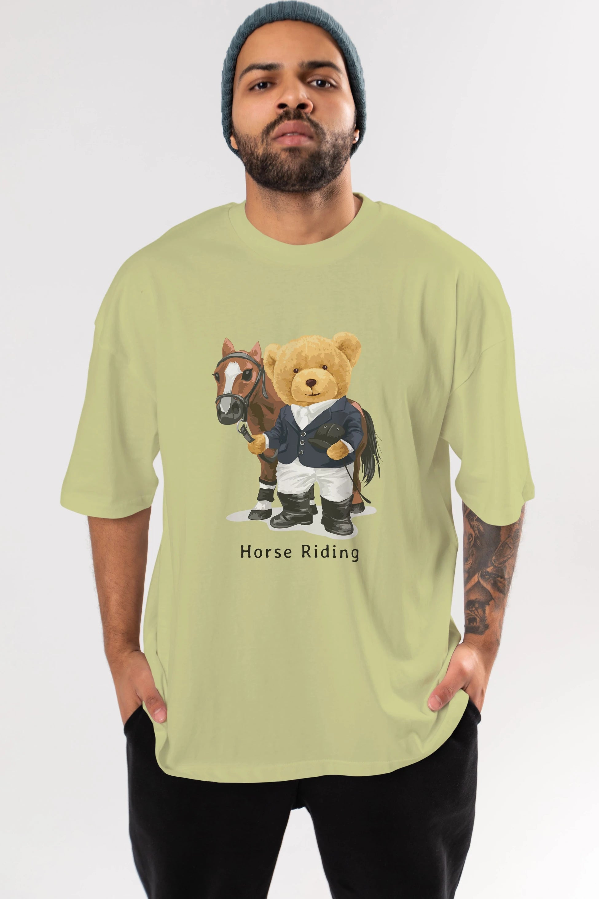 Teddy Bear Horse Riding Ön Baskılı Oversize t-shirt Erkek Kadın Unisex %100 Pamuk