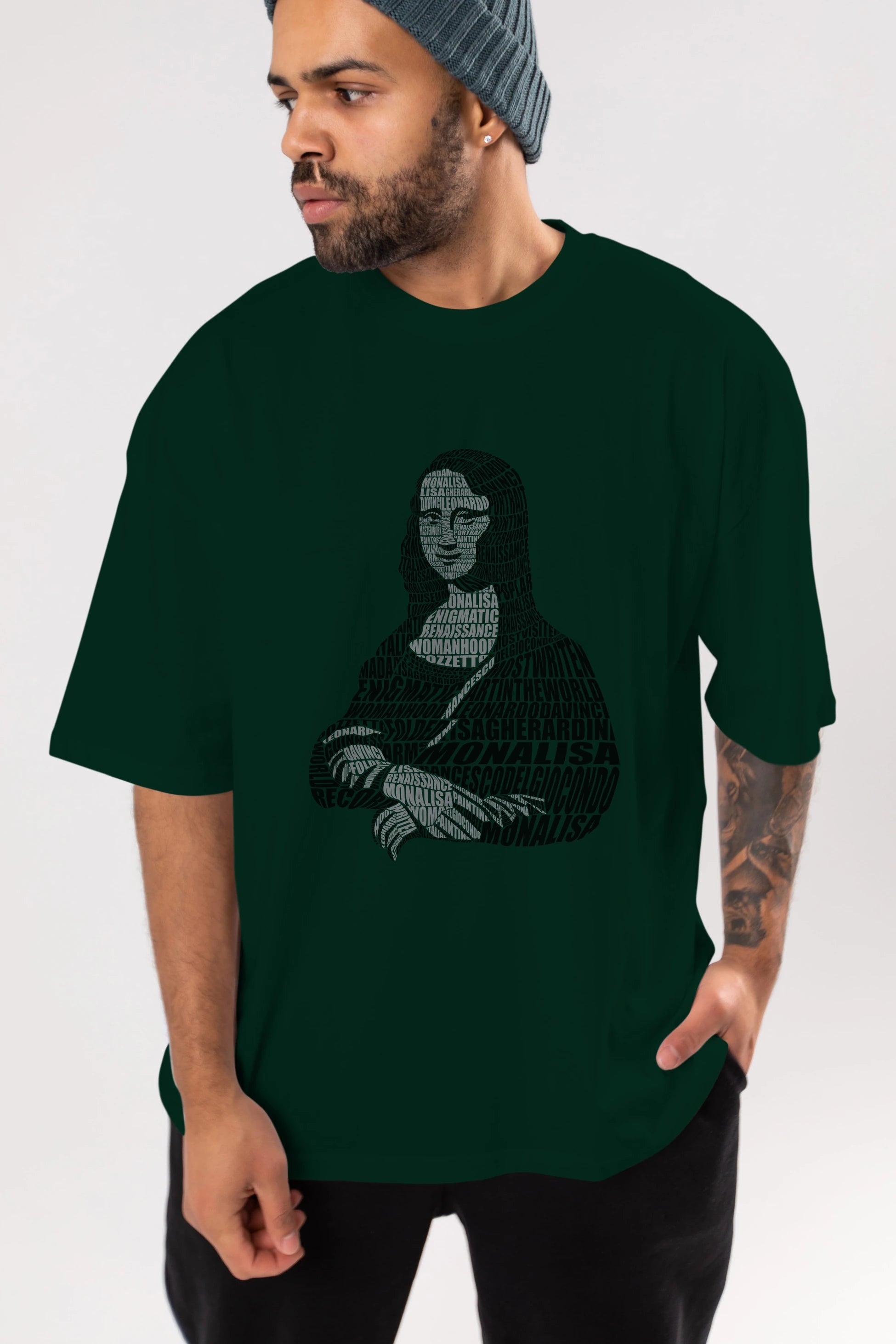 Mona Lisa Calligram Ön Baskılı Oversize t-shirt %100 pamuk Erkek Kadın Unisex