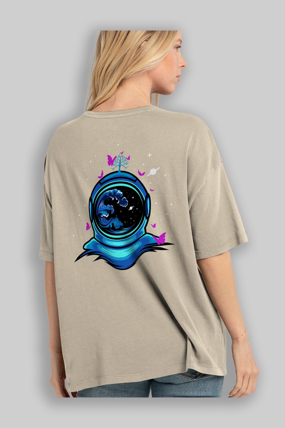 Astronaut and Butterfly Arka Baskılı Oversize t-shirt Erkek Kadın Unisex