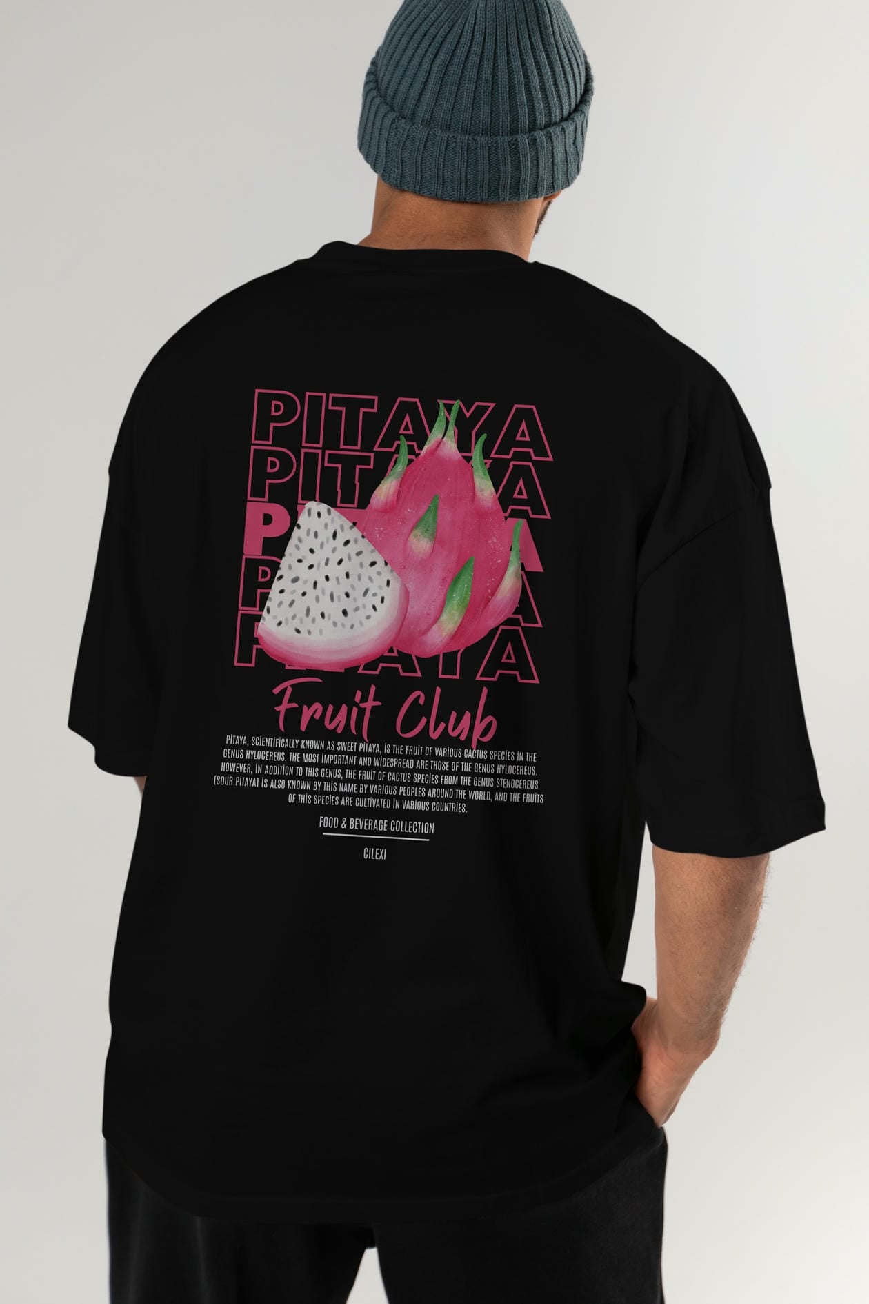 Pitaya Arka Baskılı Oversize t-shirt Erkek Kadın Pamuk Bisiklet Yaka tişort
