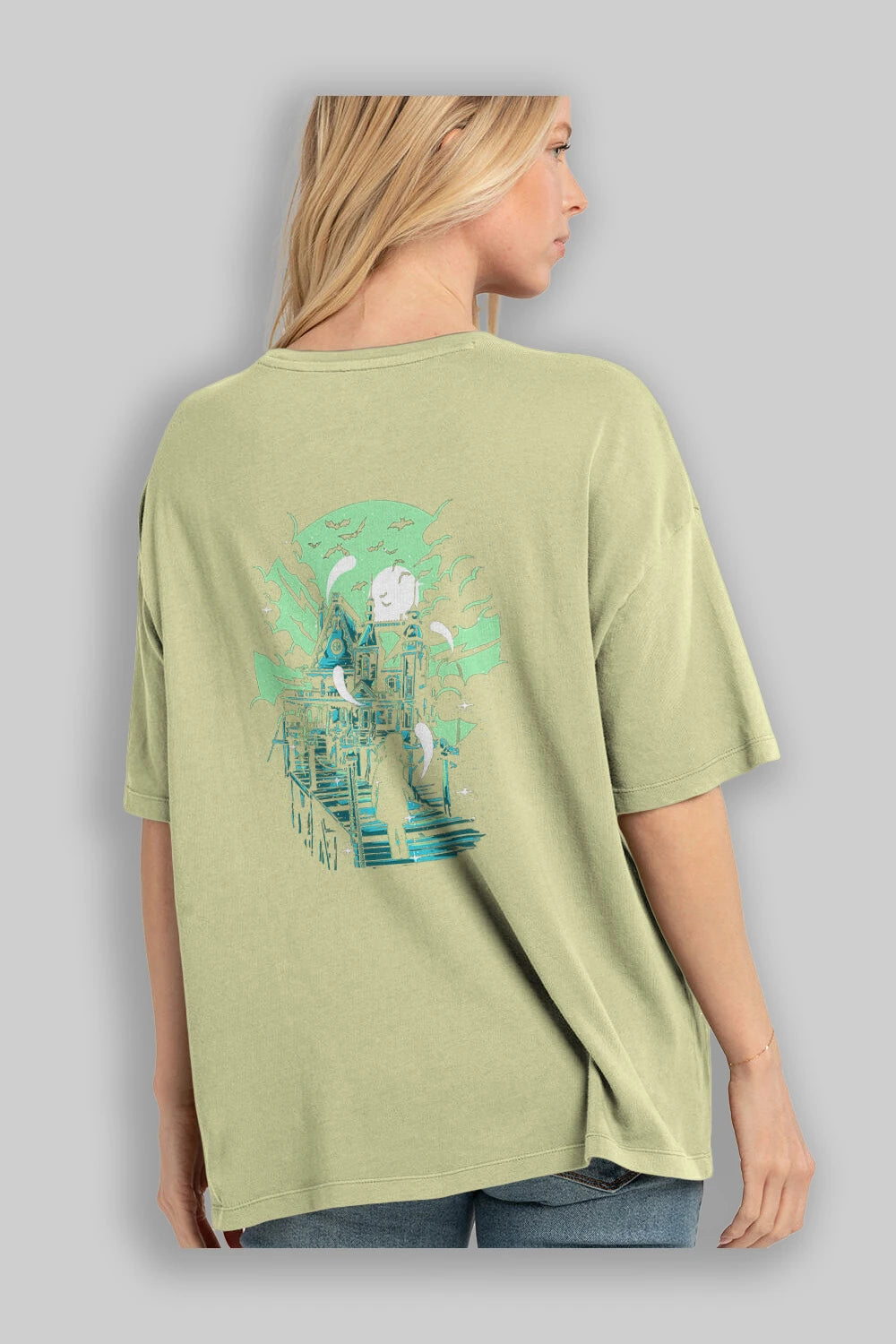Haunted House Arka Baskılı Oversize t-shirt Erkek Kadın Unisex %100 Pamuk