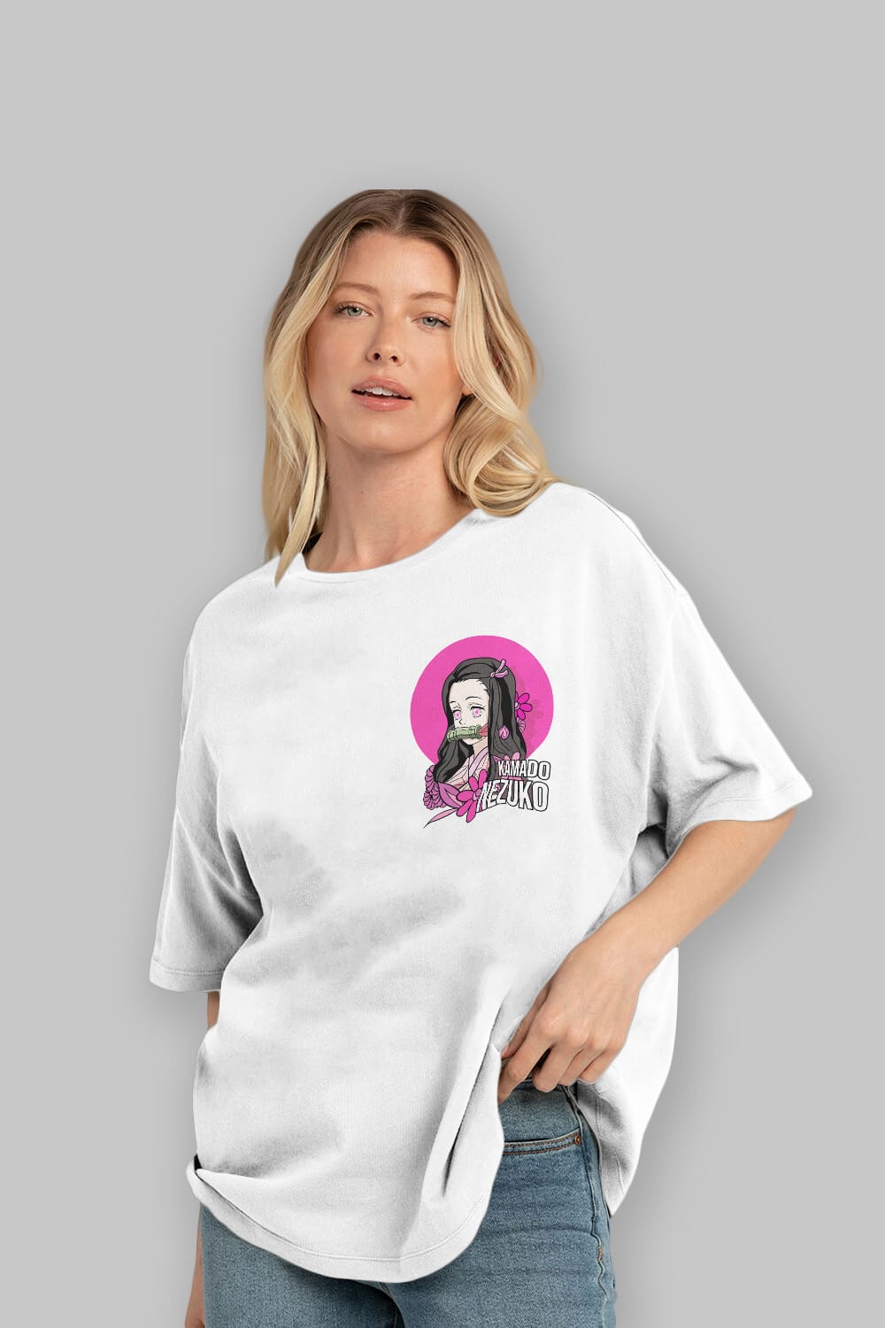Nezuko Kamado 2 Ön Sol Baskılı Oversize t-shirt Erkek Kadın Unisex %100 Pamuk Bisiklet Yaka tişort