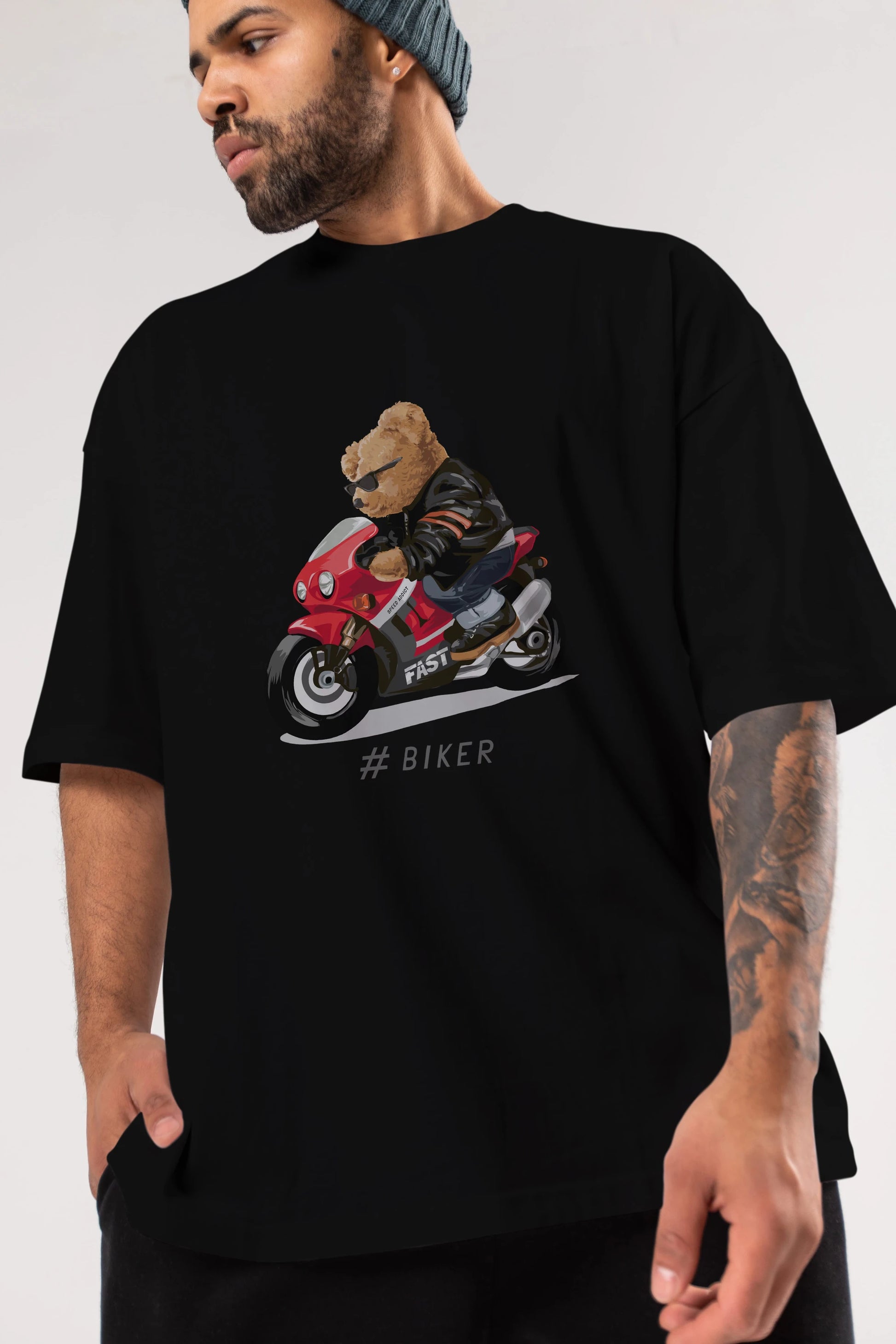 Teddy Bear Biker Ön Baskılı Oversize t-shirt Erkek Kadın Unisex %100 Pamuk