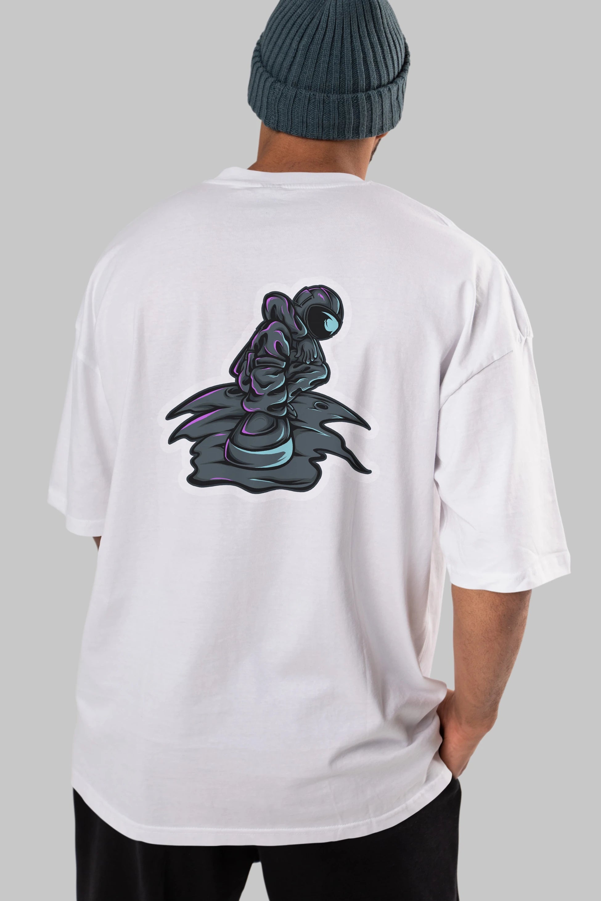 Stylish Astronaut Sticker Arka Baskılı Oversize t-shirt Erkek Kadın Unisex