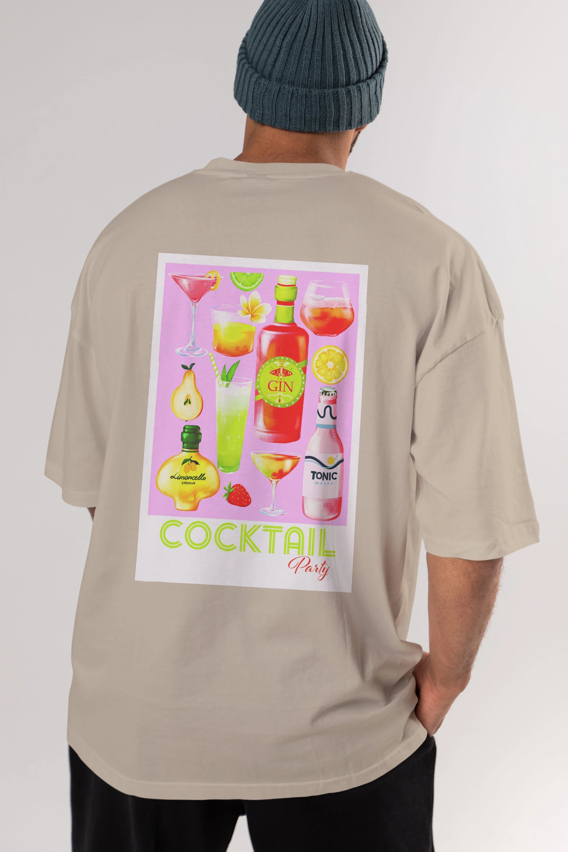 Cocktail Party Arka Baskılı Oversize t-shirt Erkek Kadın Unisex %100 Pamuk Bisiklet Yaka tişort