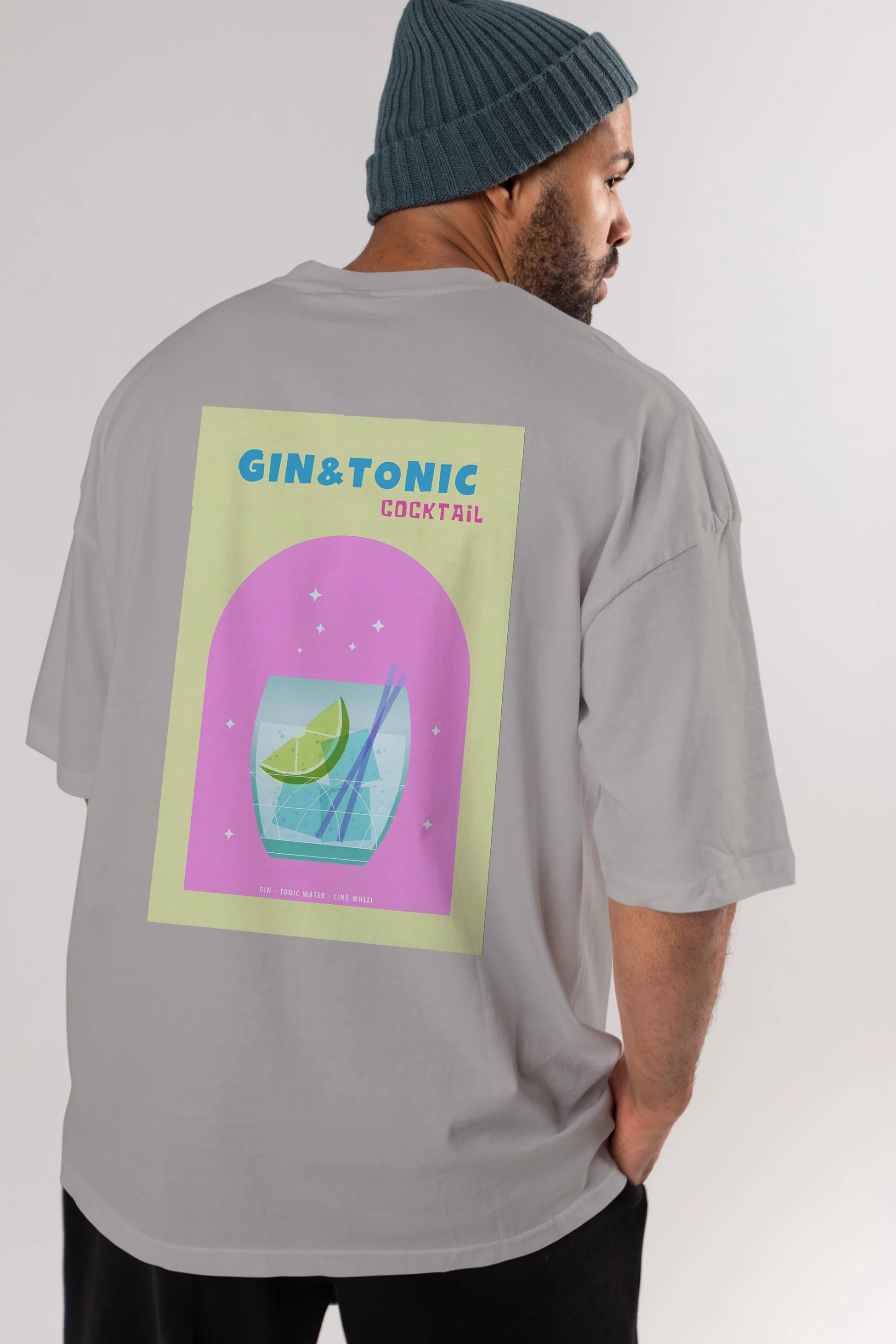 Gin Tonic Cocktail Arka Baskılı Oversize t-shirt Erkek Kadın Unisex %100 Pamuk Bisiklet Yaka tişort