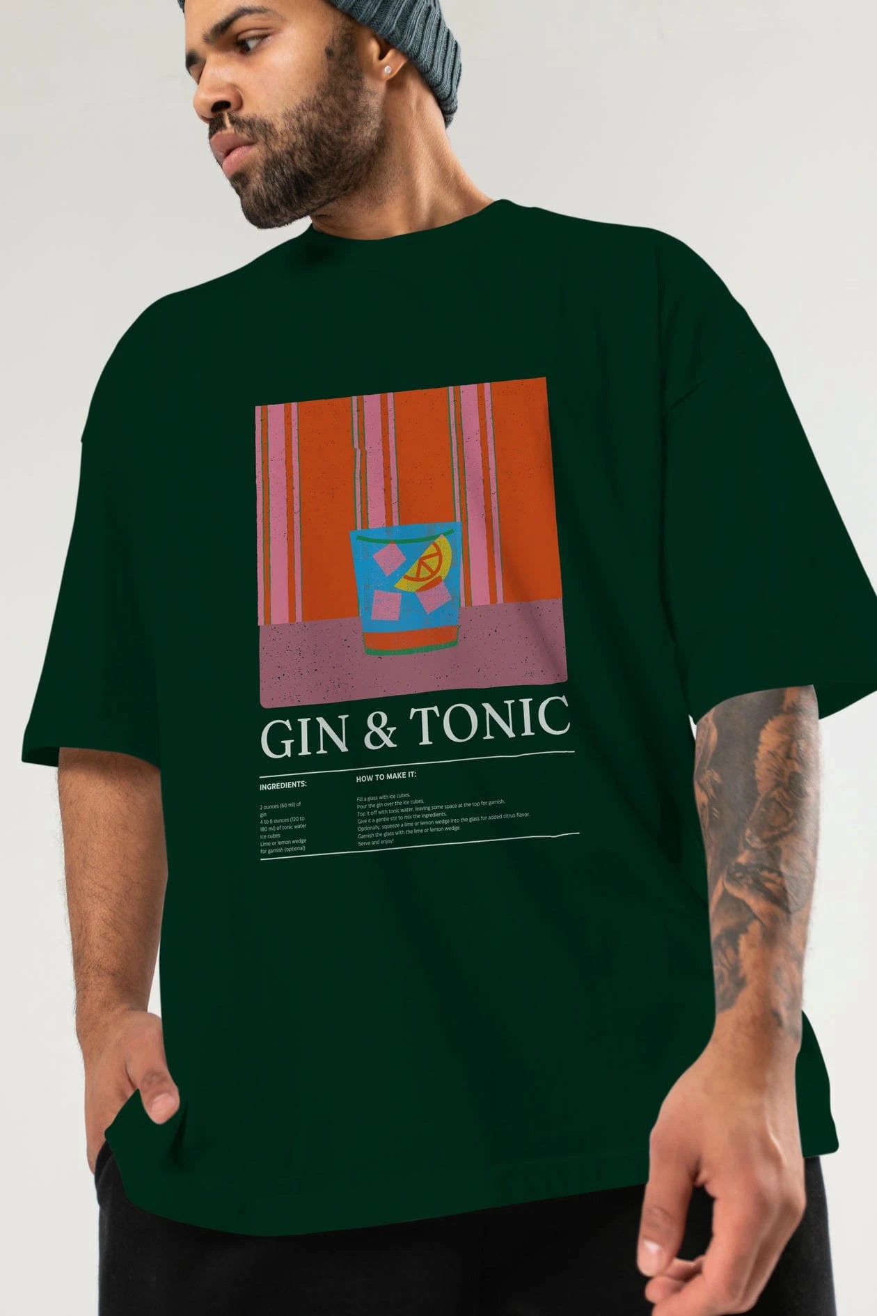 Gin tonic Kokteyl Ön Baskılı Oversize t-shirt Erkek Kadın %100 Pamuk Bisiklet Yaka tişort