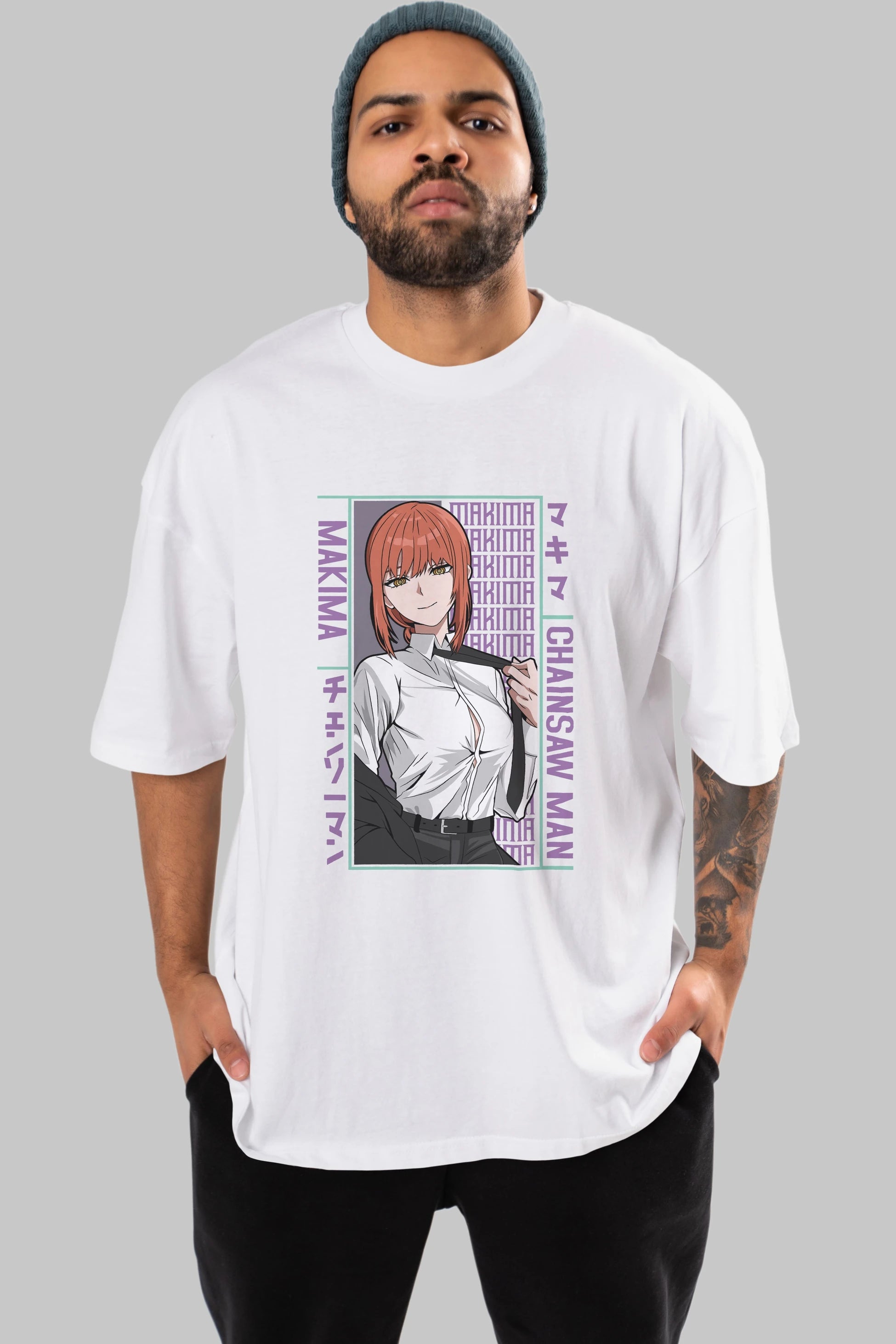 Makima Chain Saw Man Anime Ön Baskılı Oversize t-shirt %100 pamuk Erkek Kadın Unisex