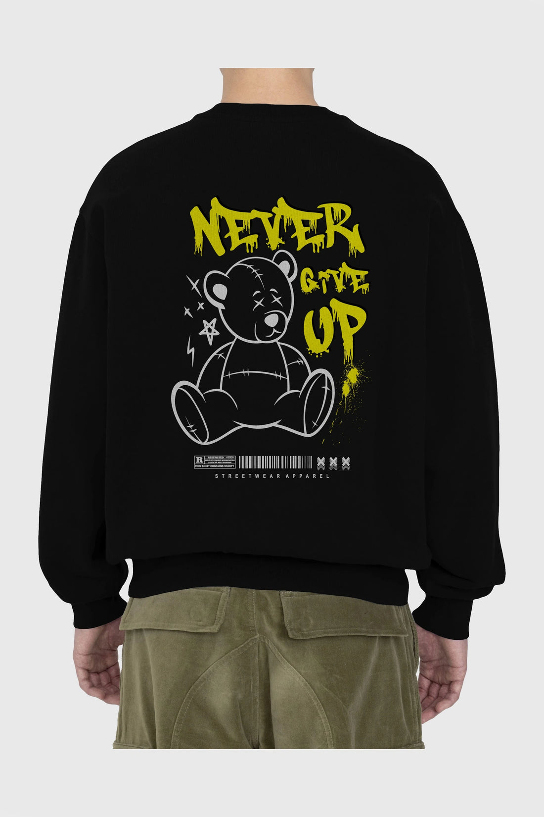 Teddy Bear Never Give Up Arka Baskılı Oversize Sweatshirt Erkek Kadın Unisex