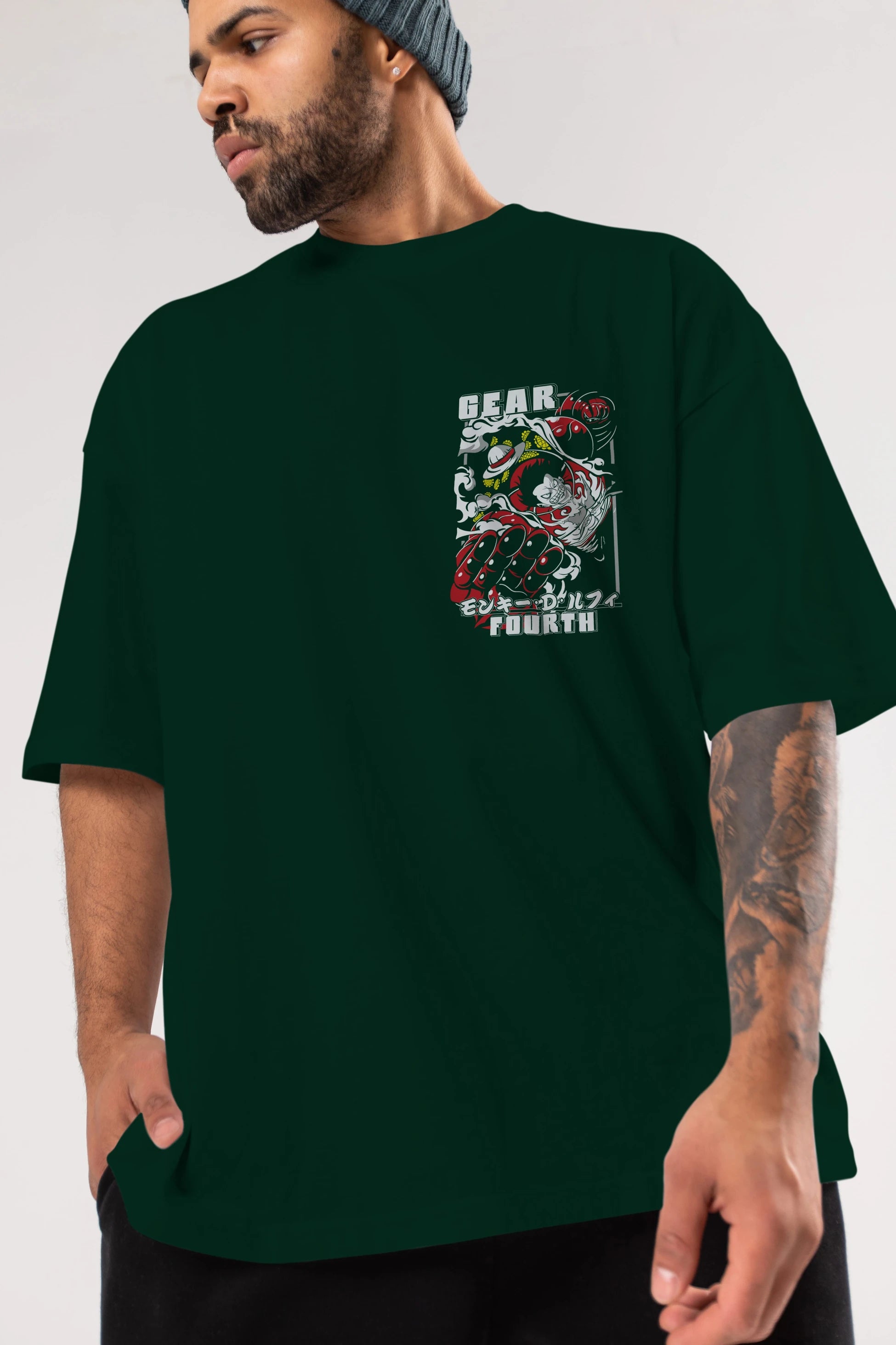 LUFFY gear fourth Ön Sol Baskılı Oversize t-shirt Erkek Kadın Unisex %100 Pamuk Bisiklet Yaka tişort