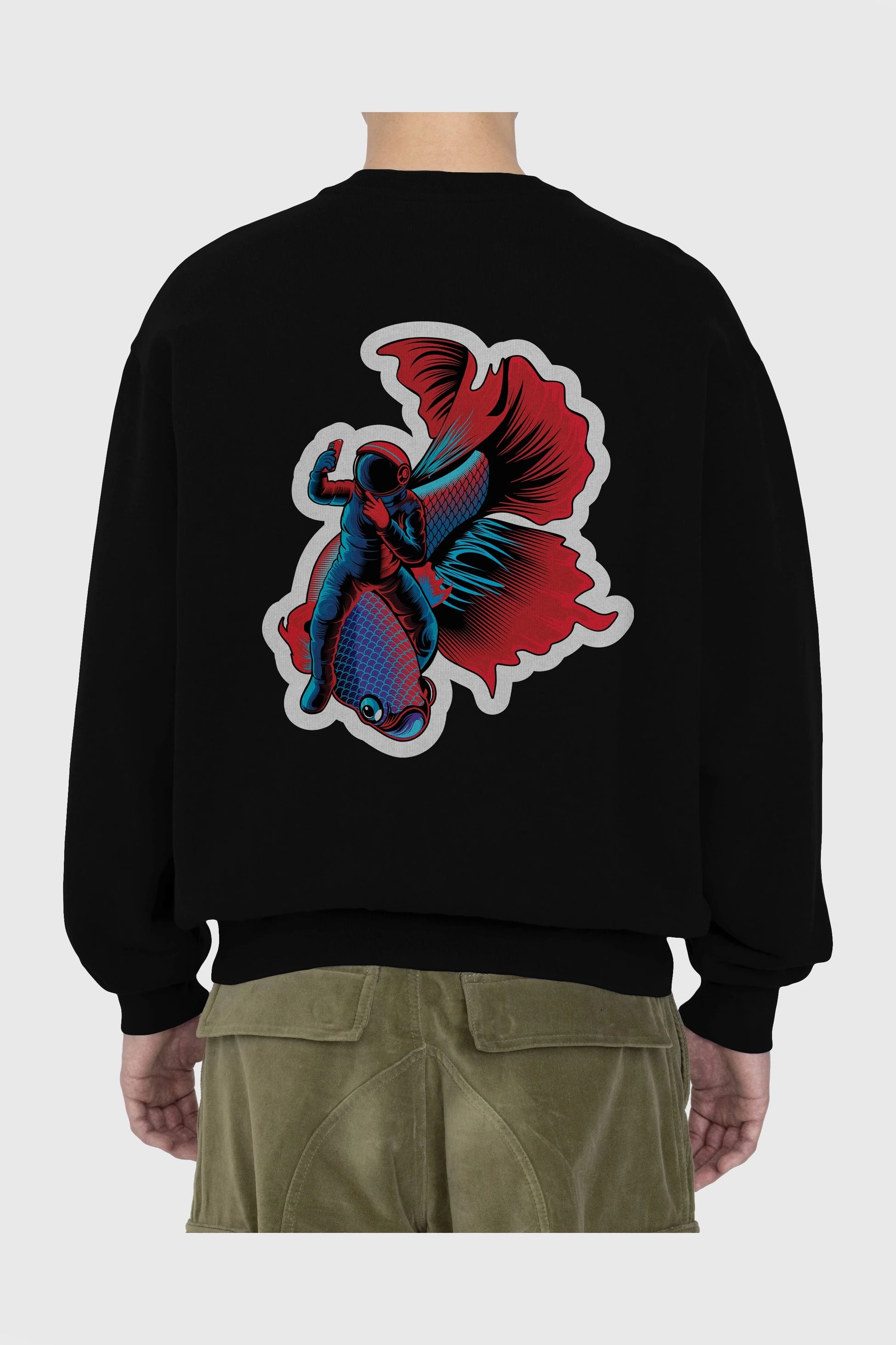 Astrofish selfie sticker Arka Baskılı Oversize Sweatshirt Erkek Kadın Unisex