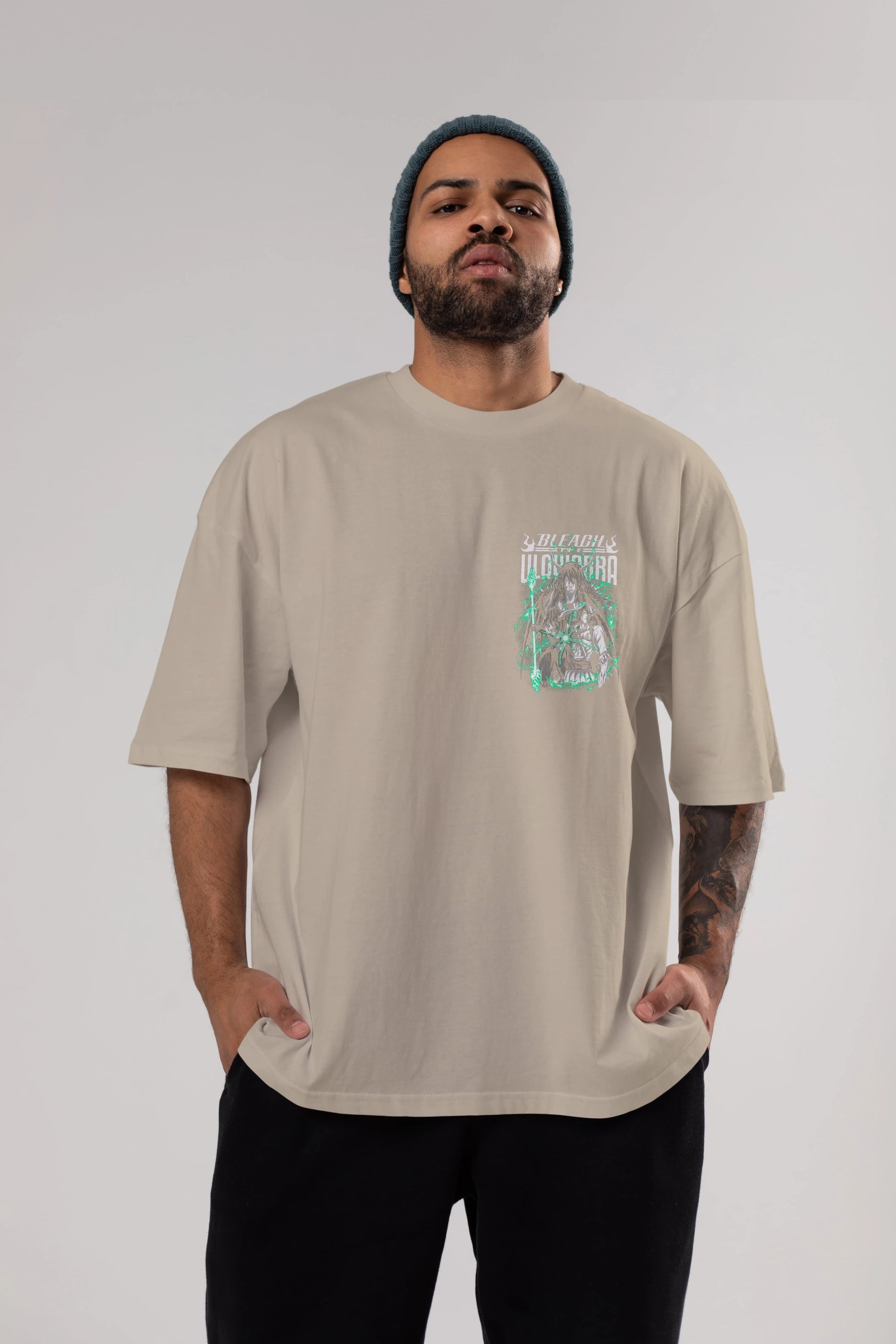 BLEACH(ULQUIARRA) Ön Sol Baskılı Oversize t-shirt Erkek Kadın Unisex %100 Pamuk Bisiklet Yaka tişort