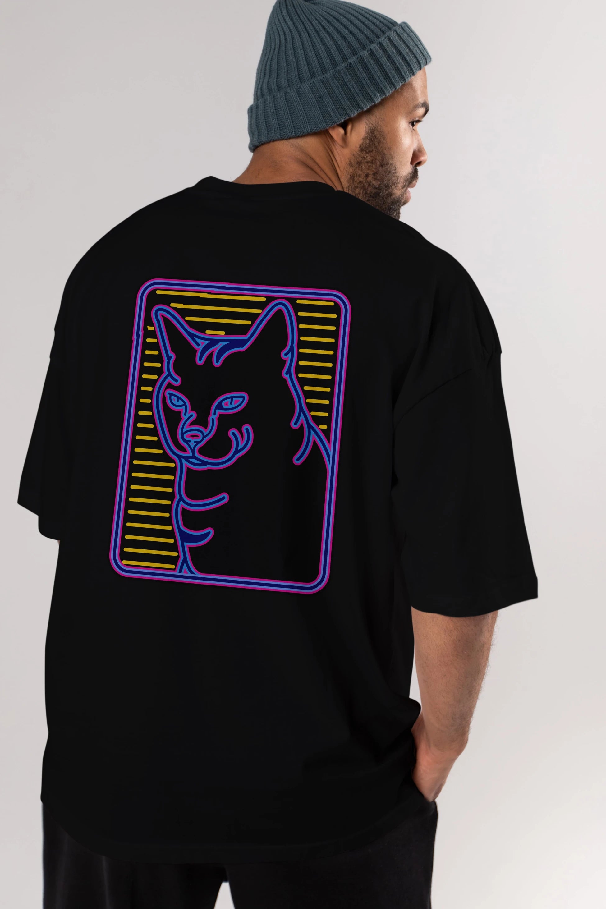 Neon Cat Arka Baskılı Oversize t-shirt Erkek Kadın Unisex