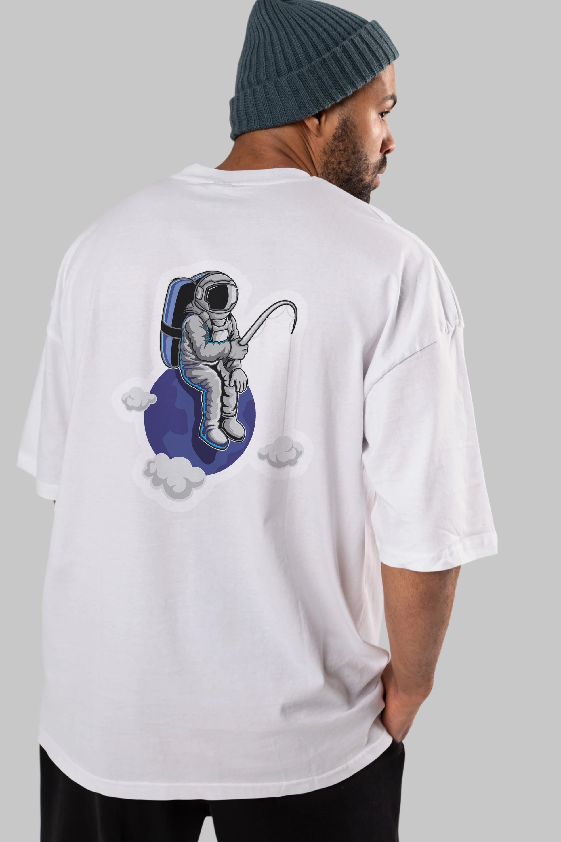 Astronaut Fishing Sticker Arka Baskılı Oversize t-shirt Erkek Kadın Unisex