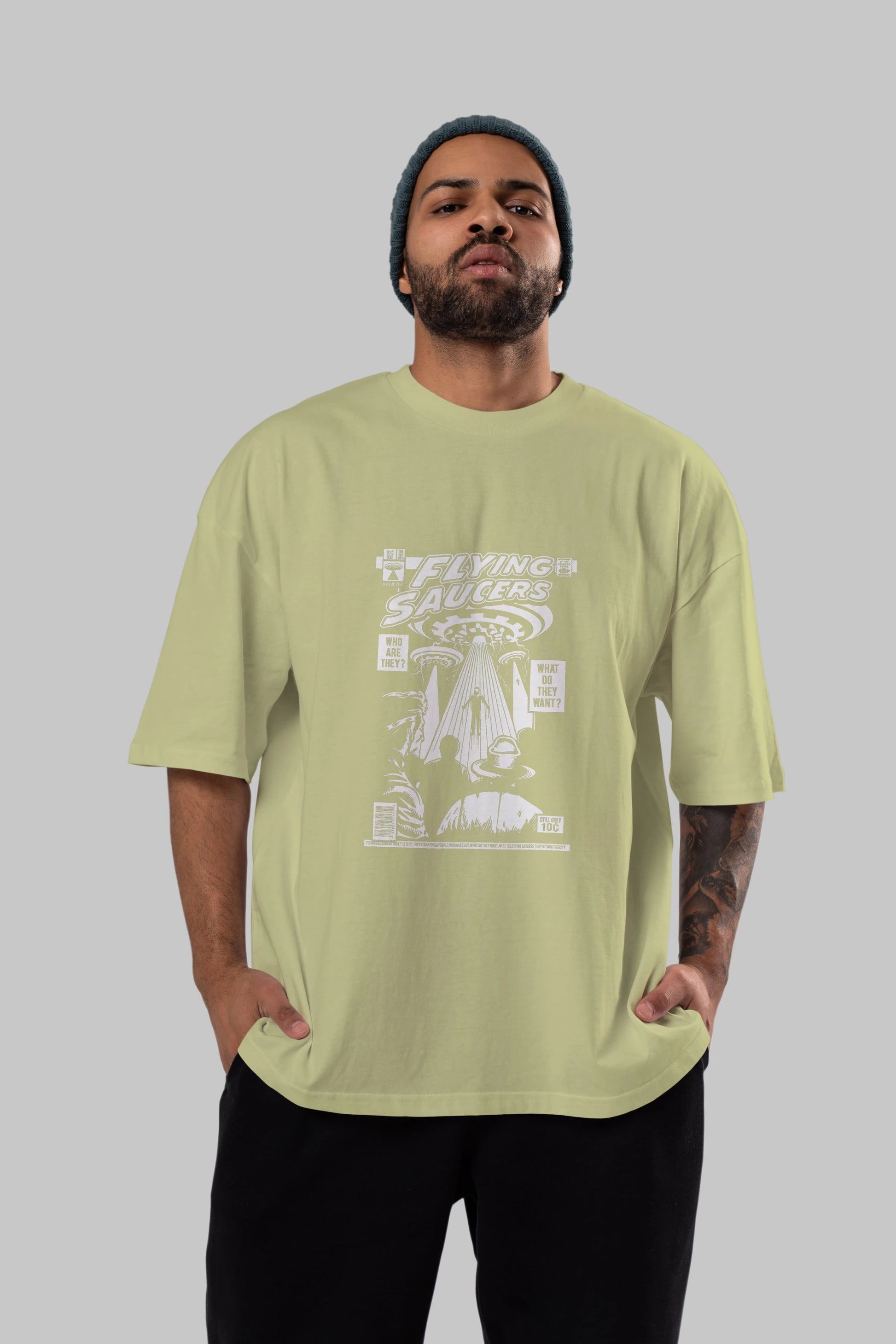 UFO Ön Baskılı Oversize t-shirt Erkek Kadın Unisex %100 Pamuk tişort