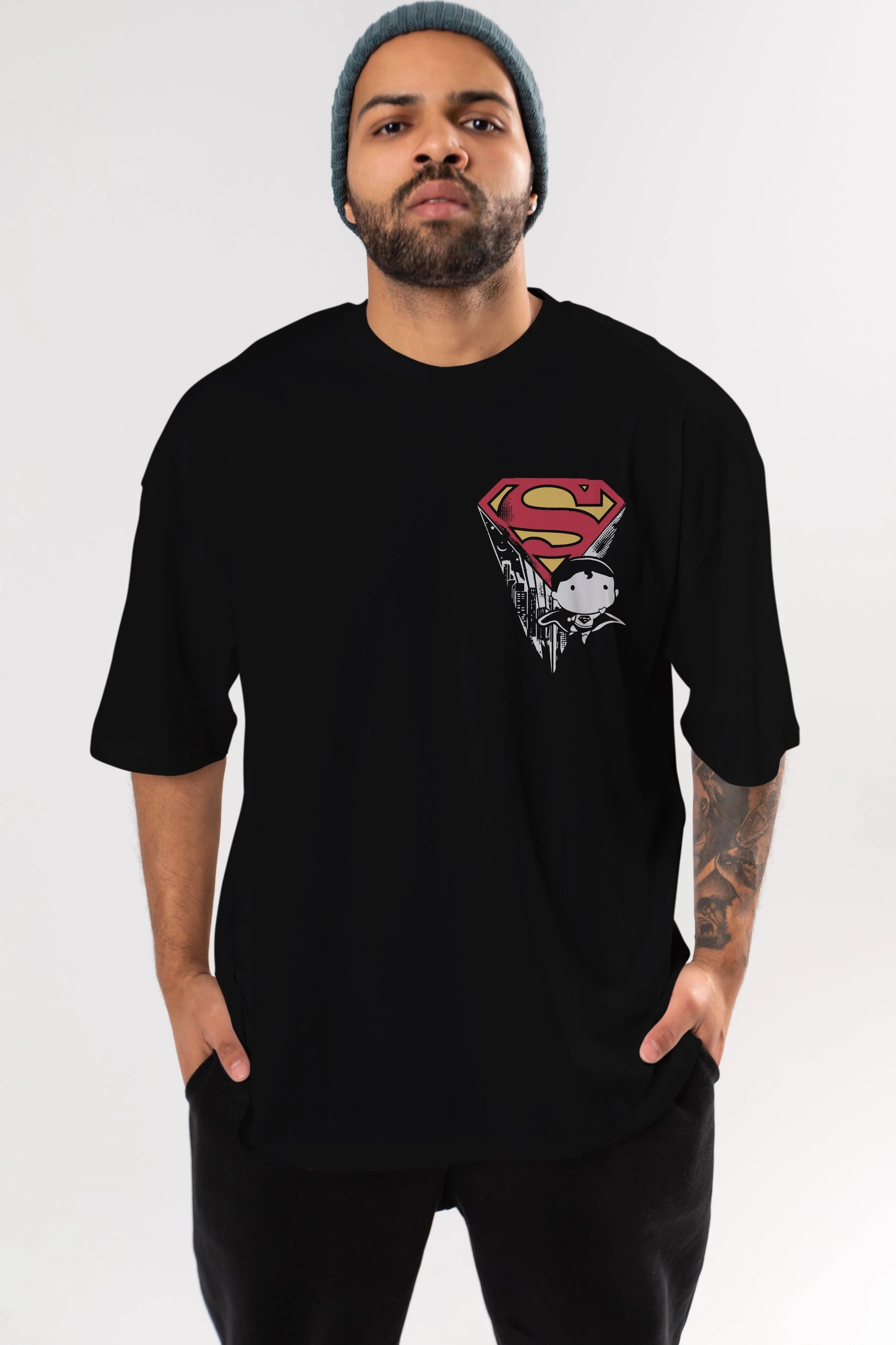 Superman Ön Sol Baskılı Oversize t-shirt Erkek Kadın Unisex %100 Pamuk Bisiklet Yaka tişort