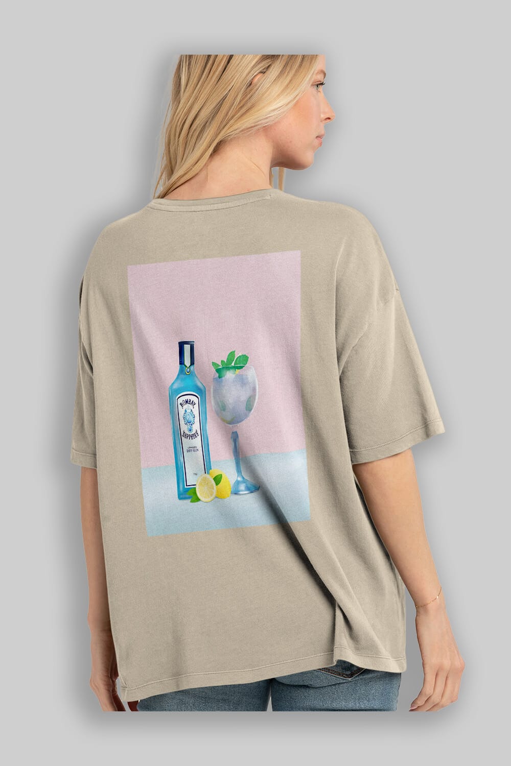 Bombay Sapphire Dry Gin Arka Baskılı Oversize t-shirt Erkek Kadın Unisex %100 Pamuk Bisiklet Yaka tişort