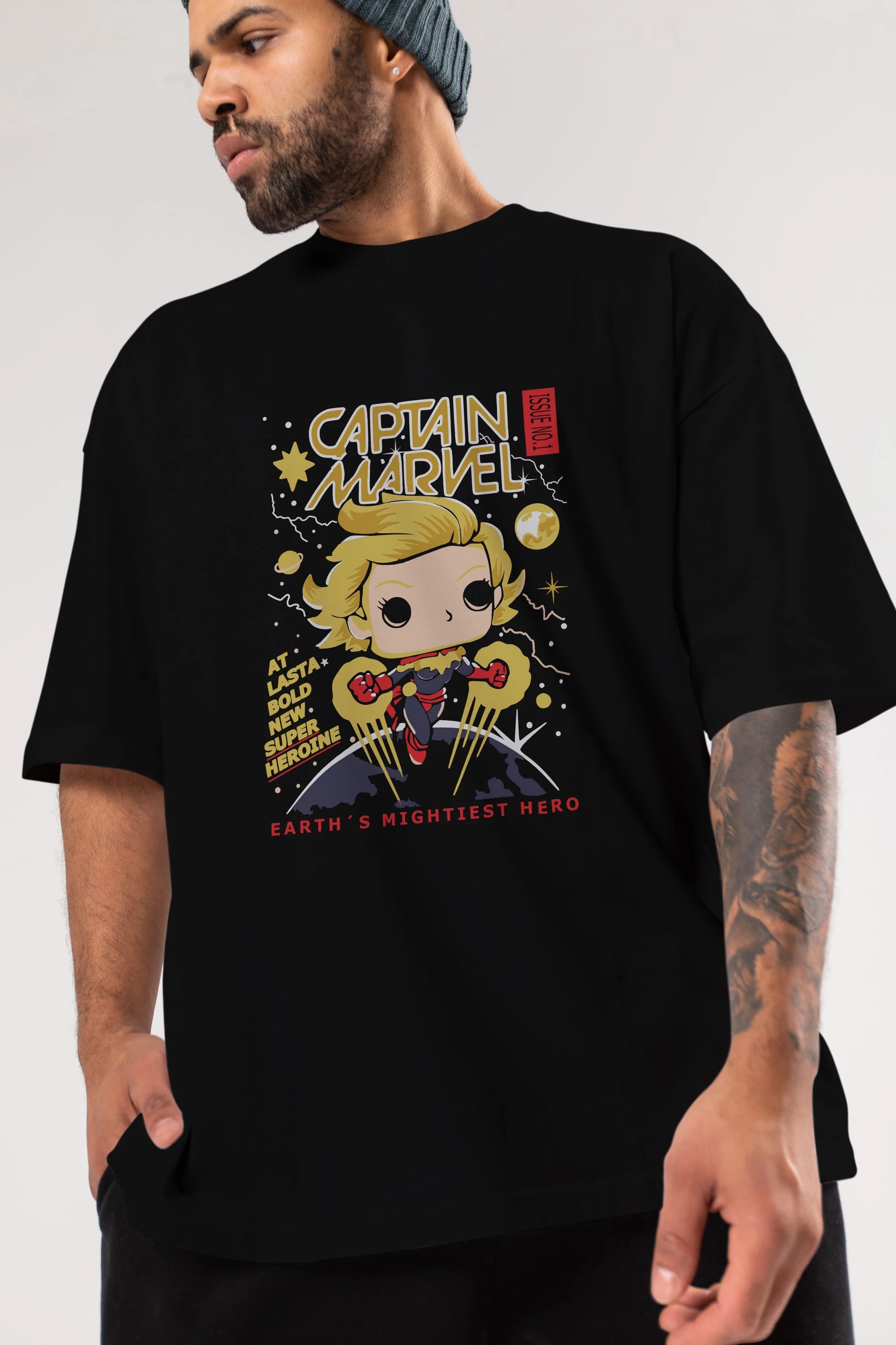 Captain Marvel Ön Baskılı Oversize t-shirt Erkek Kadın Unisex %100 Pamuk Bisiklet Yaka tişort