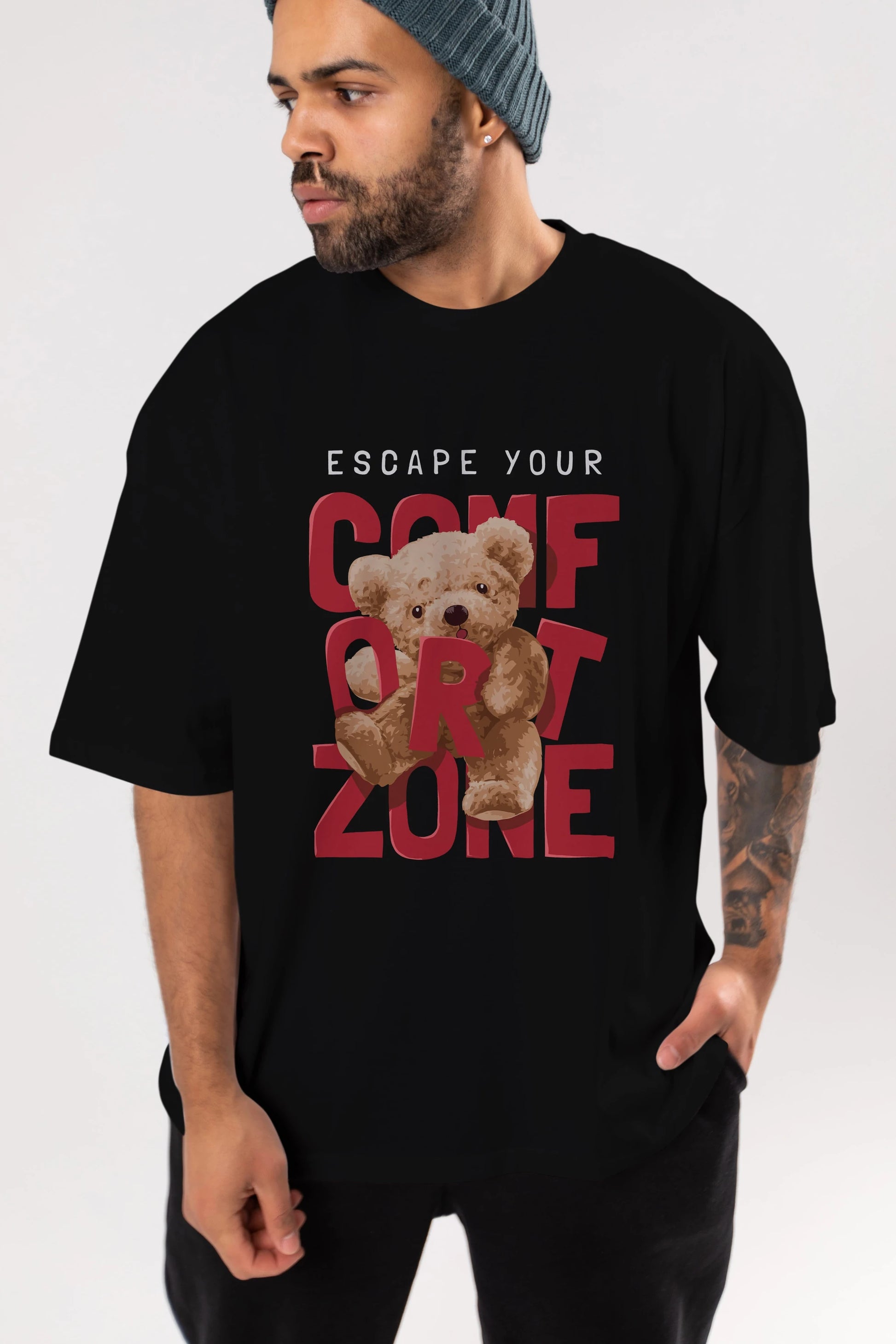 Teddy Bear Escape Comfort Zone Ön Baskılı Oversize t-shirt Erkek Kadın Unisex %100 Pamuk