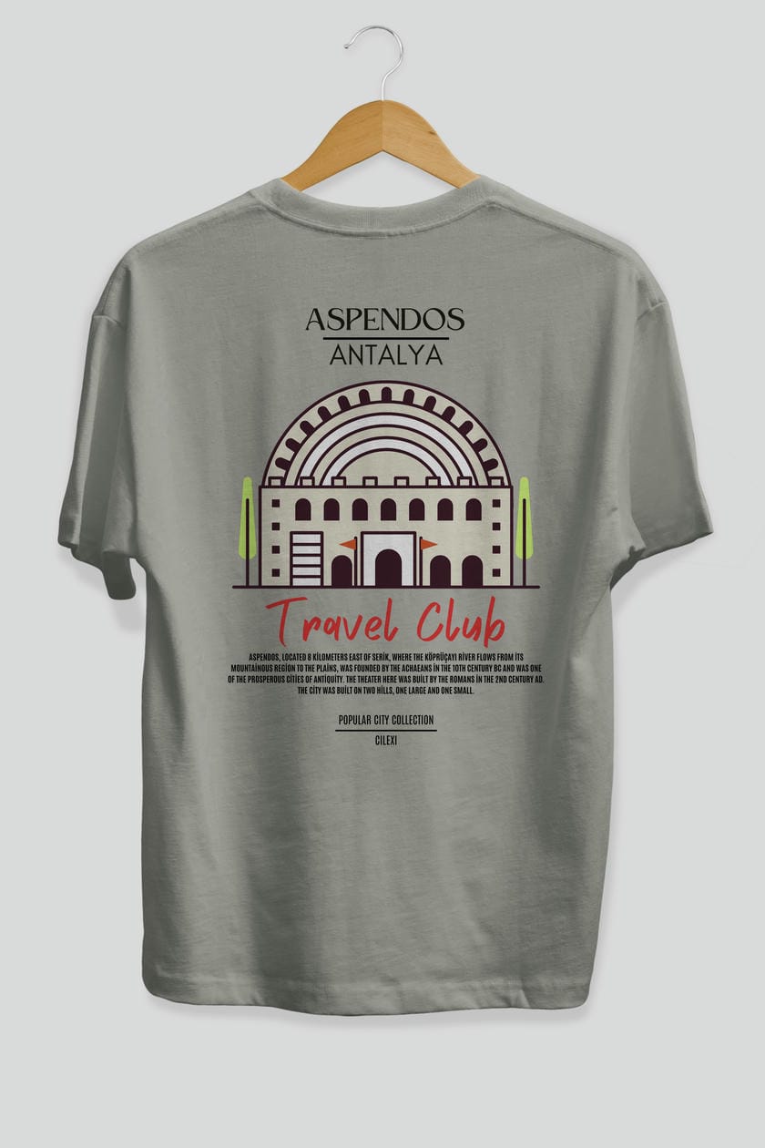 Aspendos Antalya Arka Baskılı Oversize t-shirt Erkek Kadın Pamuk Bisiklet Yaka tişort