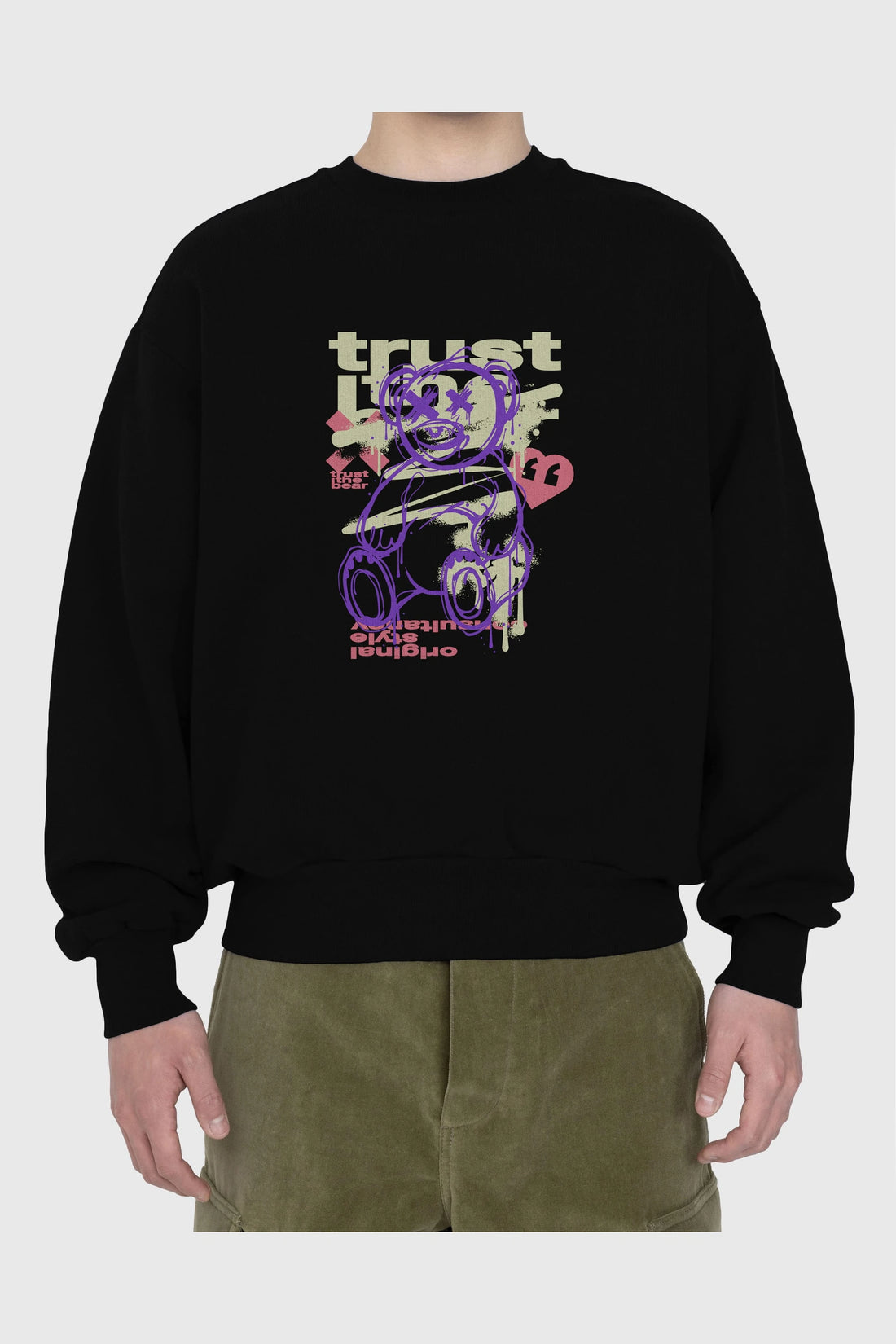 Trust The Bear 3 Ön Baskılı Oversize Sweatshirt Erkek Kadın Unisex
