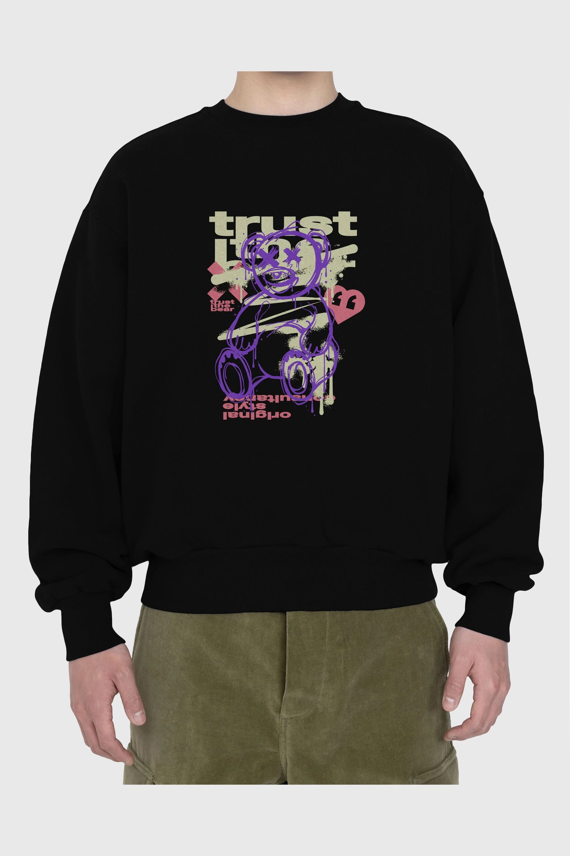Trust The Bear 3 Ön Baskılı Oversize Sweatshirt Erkek Kadın Unisex