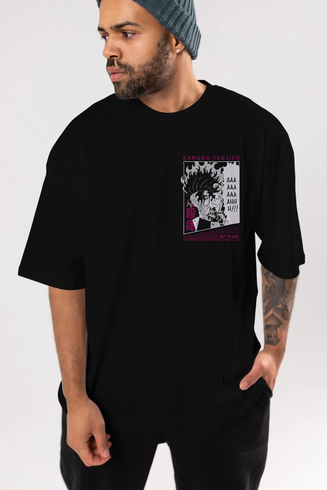 TANJIRO KAMADO 3 Ön Sol Baskılı Oversize t-shirt Erkek Kadın Unisex %100 Pamuk Bisiklet Yaka tişort