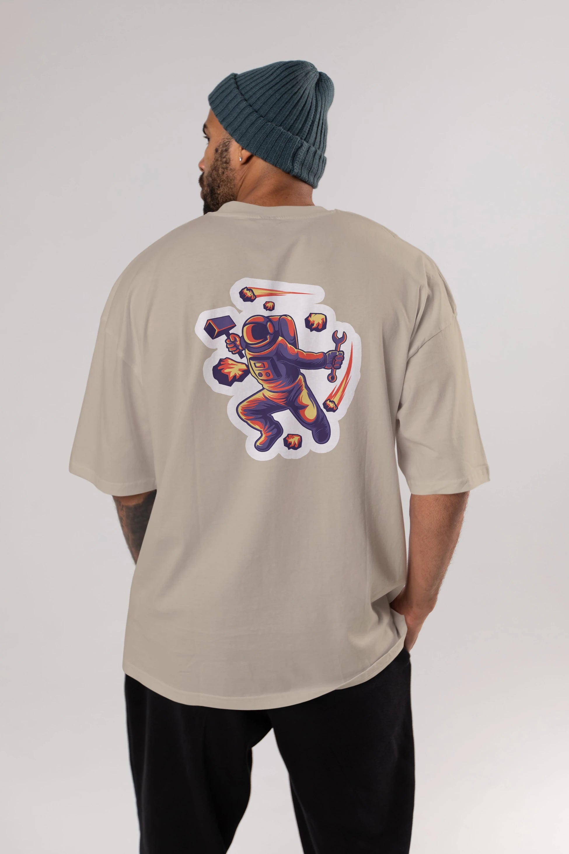 Astronaut Block Meteor Sticker Arka Baskılı Oversize t-shirt Erkek Kadın Unisex