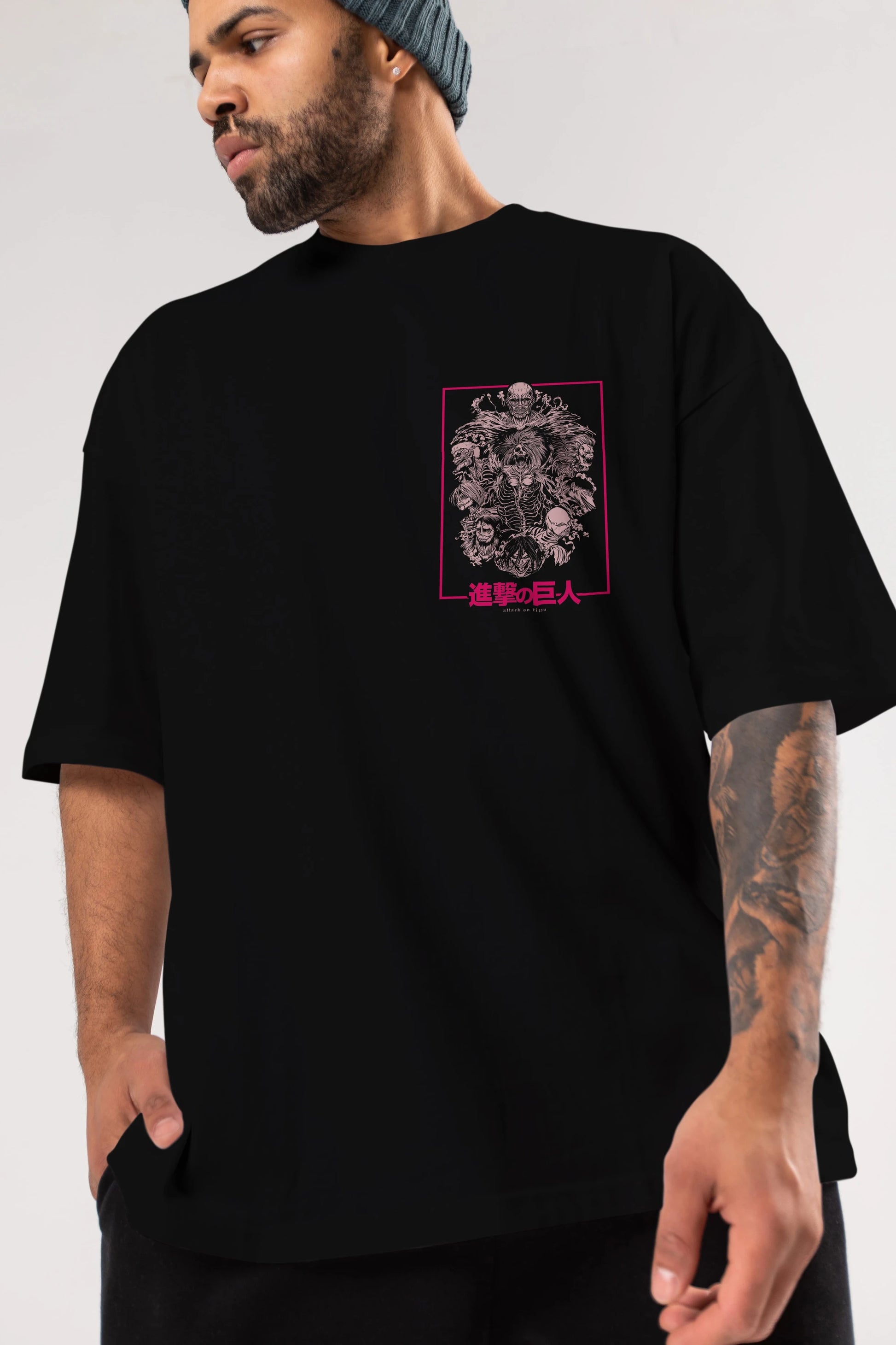 ATTACK ON TITANS Ön Sol Baskılı Oversize t-shirt Erkek Kadın Unisex %100 Pamuk Bisiklet Yaka tişort
