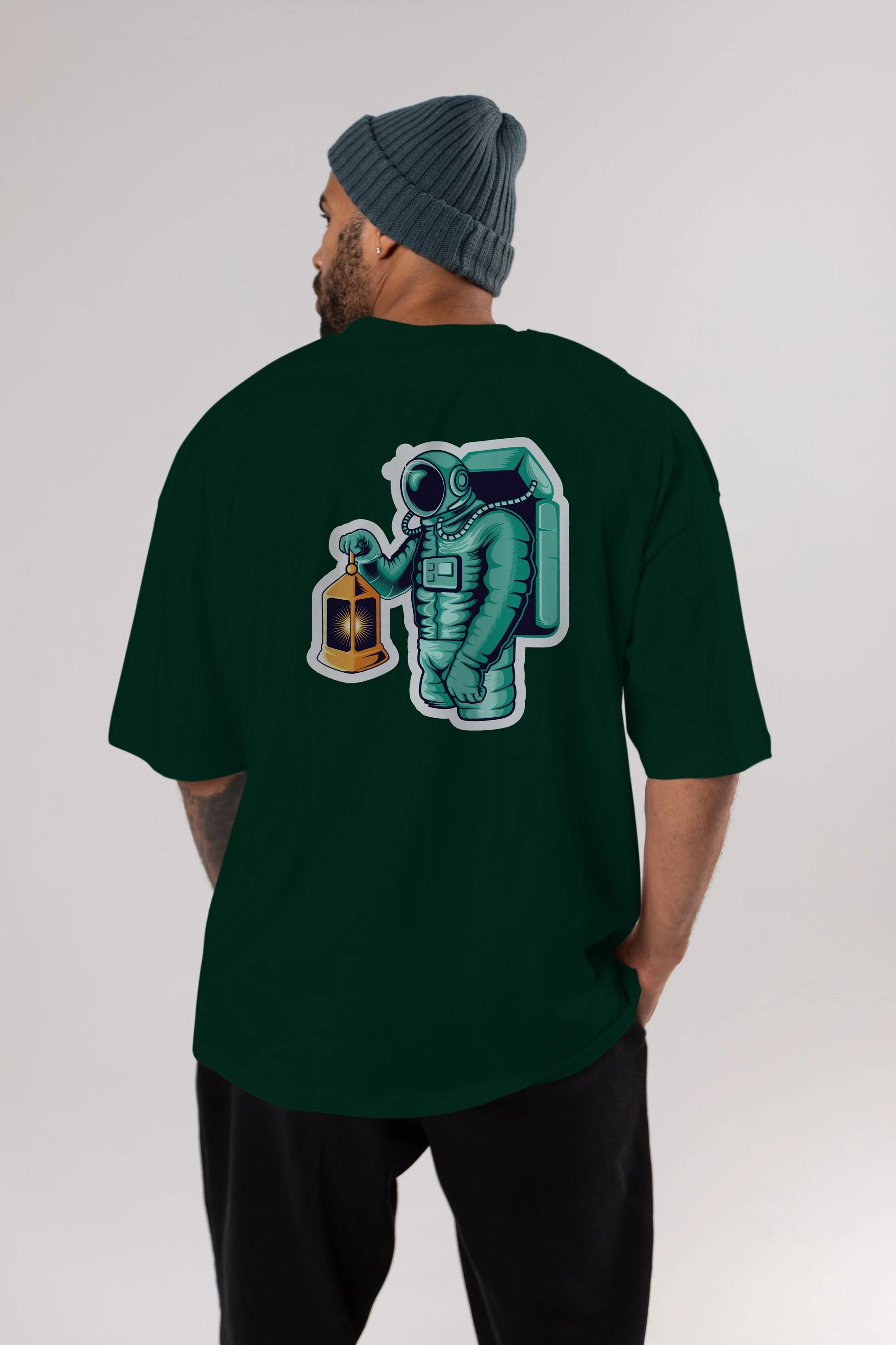 Astronaut Lantern Sticker Arka Baskılı Oversize t-shirt Erkek Kadın Unisex