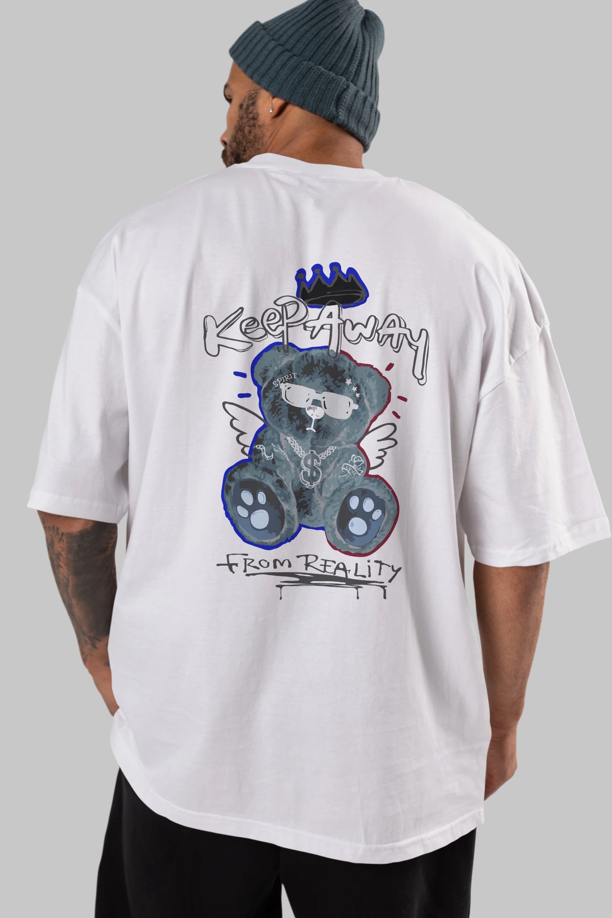 Keep Away Bear Arka Baskılı Oversize t-shirt Erkek Kadın Unisex