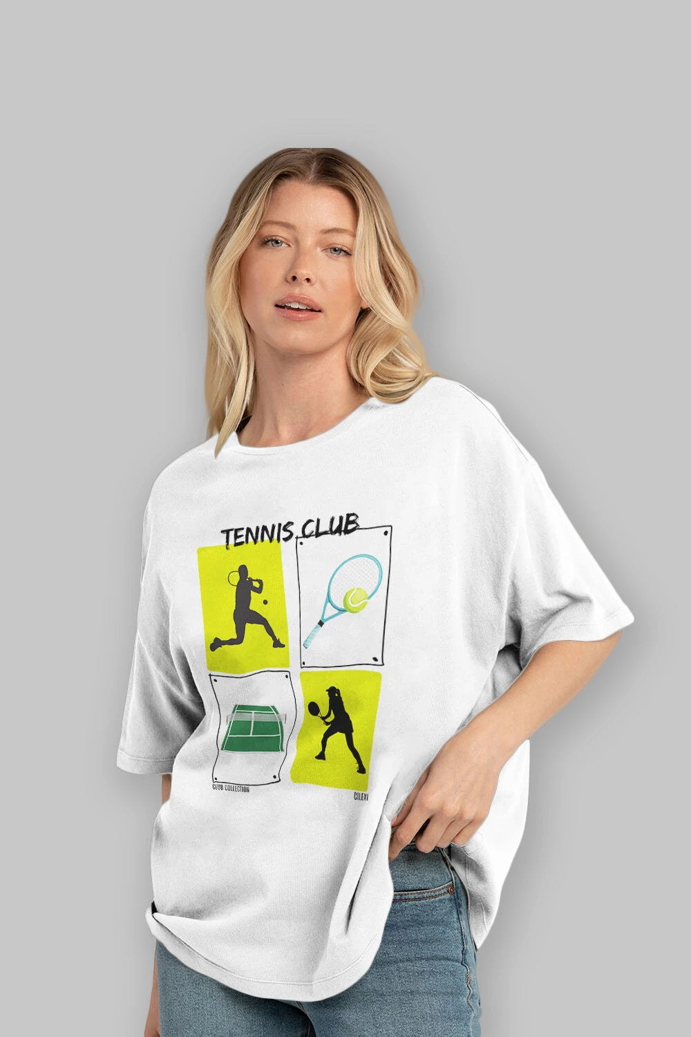 Tennis Club ön Baskılı Oversize t-shirt Erkek Kadın %100 Pamuk Bisiklet Yaka tişort