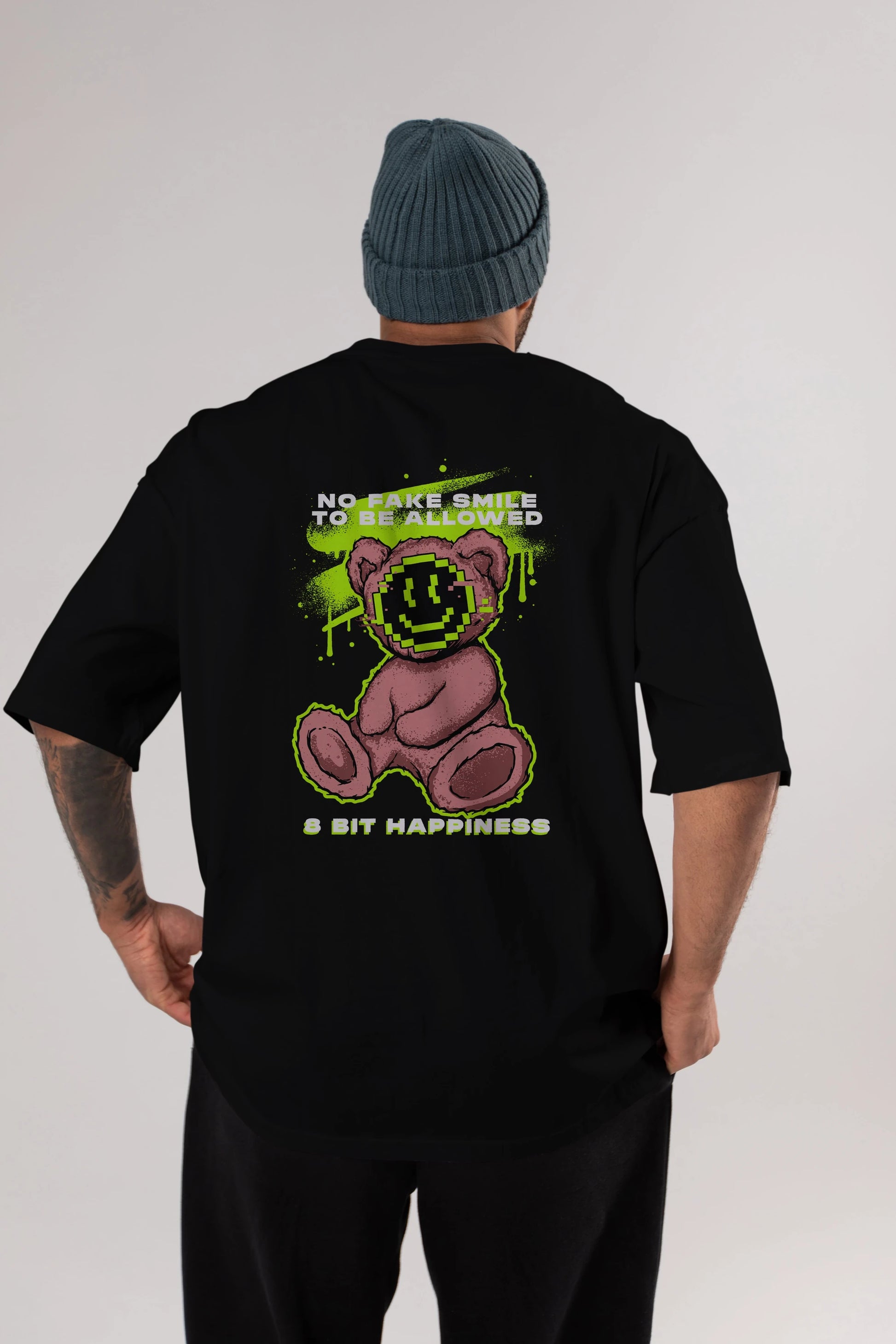 No Fake Smile Bear Arka Baskılı Oversize t-shirt Erkek Kadın Unisex