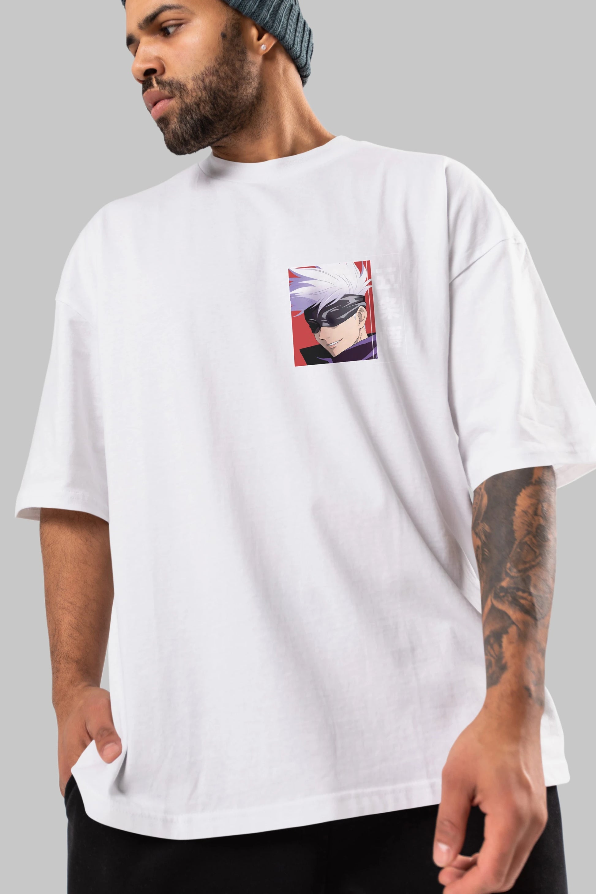 SATORU GOJO Ön Sol Baskılı Oversize t-shirt Erkek Kadın Unisex %100 Pamuk Bisiklet Yaka tişort