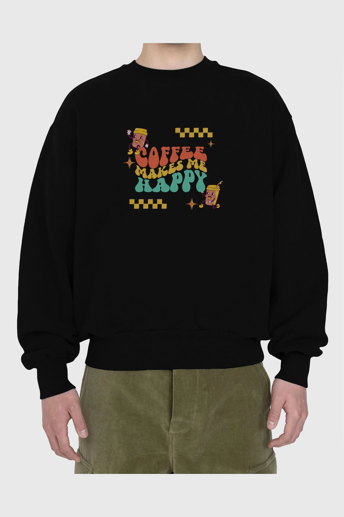 Coffee Makes Me Happy Yazılı Ön Baskılı Oversize Sweatshirt Erkek Kadın Unisex
