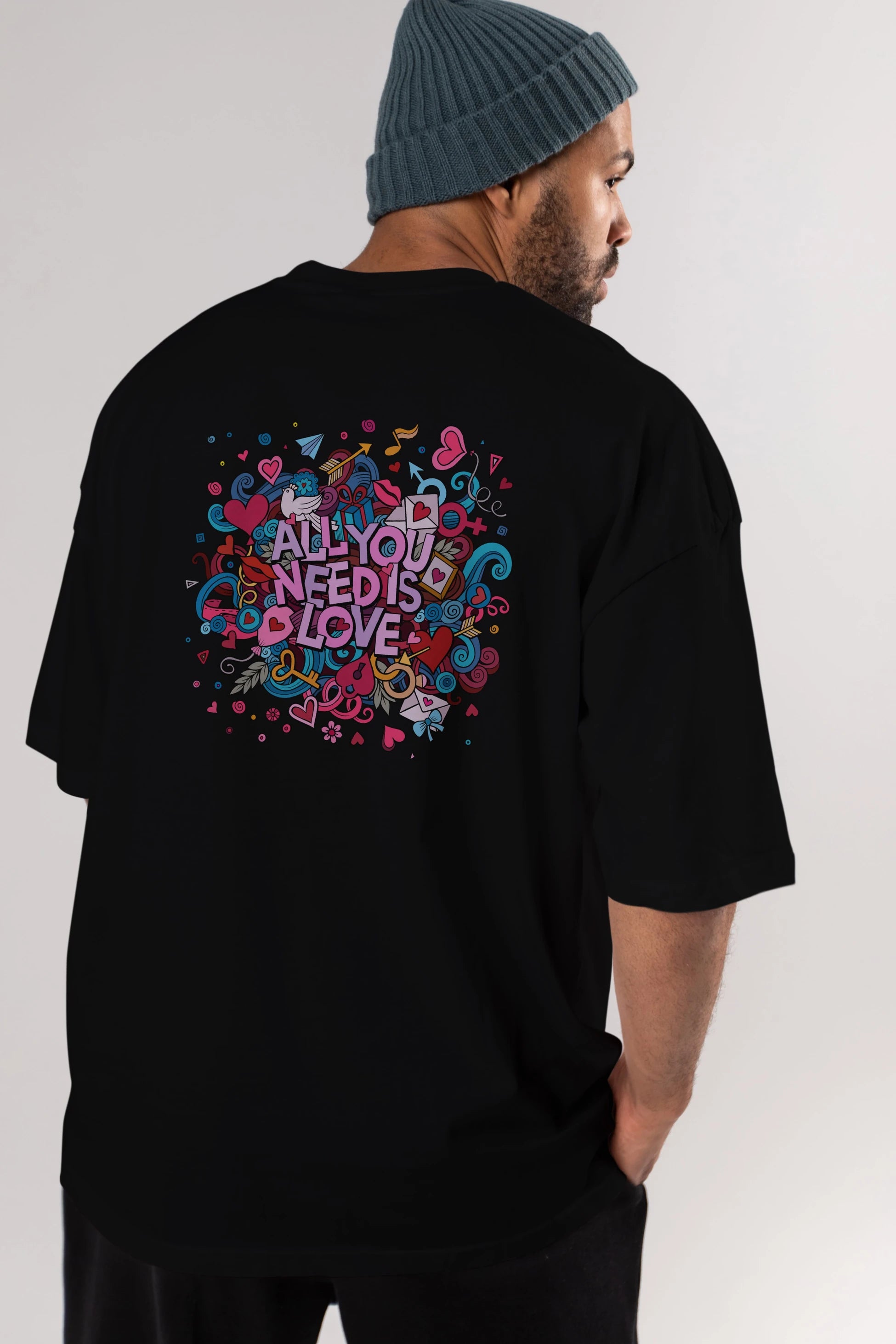 Cute Fun Colorful Heart Art Love Arka Baskılı Oversize t-shirt Erkek Kadın Unisex