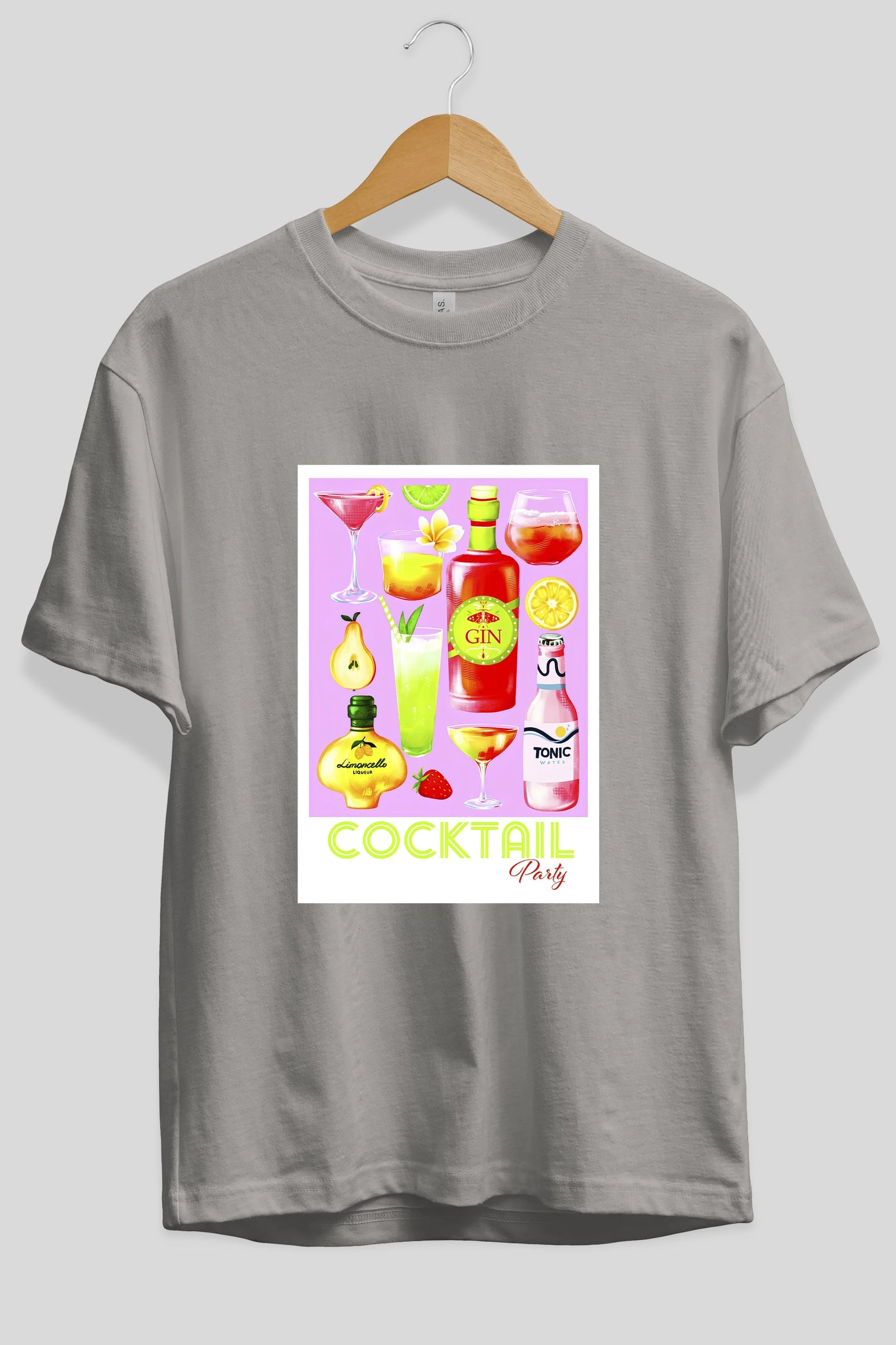 Cocktail Party Ön Baskılı Oversize t-shirt Erkek Kadın Unisex %100 Pamuk Bisiklet Yaka tişort