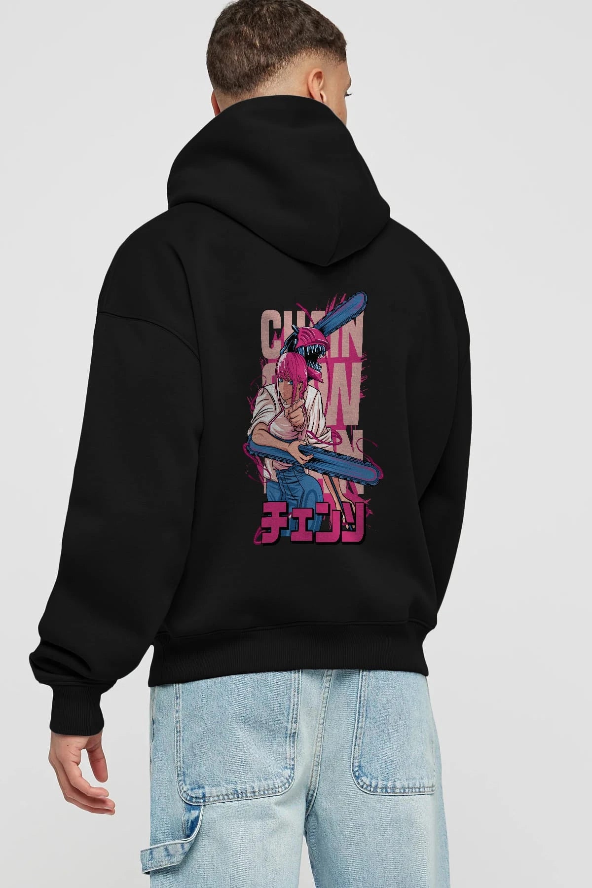 DENJI and MAKIMA Anime Arka Baskılı Hoodie Oversize Kapüşonlu Sweatshirt Erkek Kadın Unisex