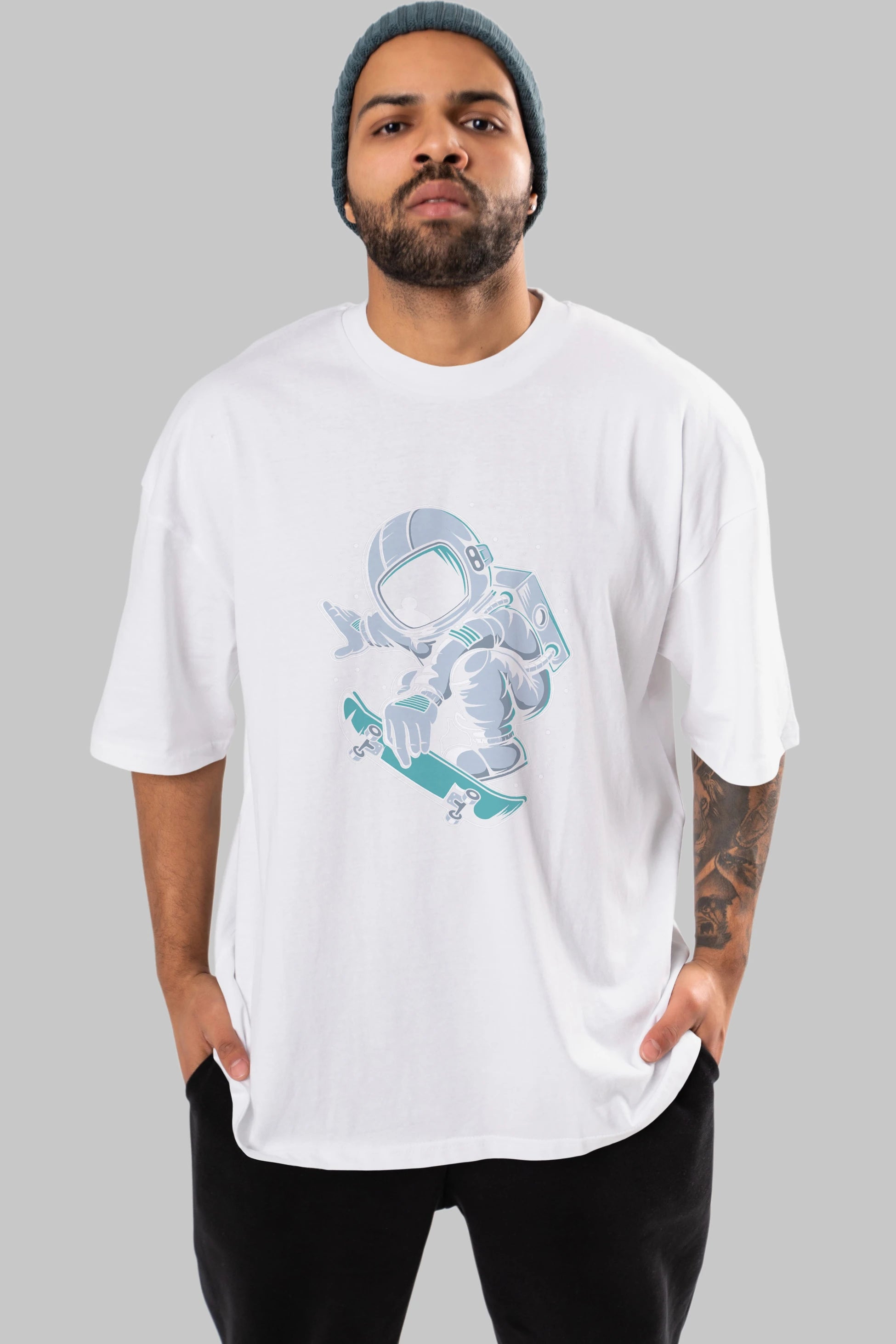 Astronaut Skateboard Jump Ön Baskılı Oversize t-shirt Erkek Kadın Unisex