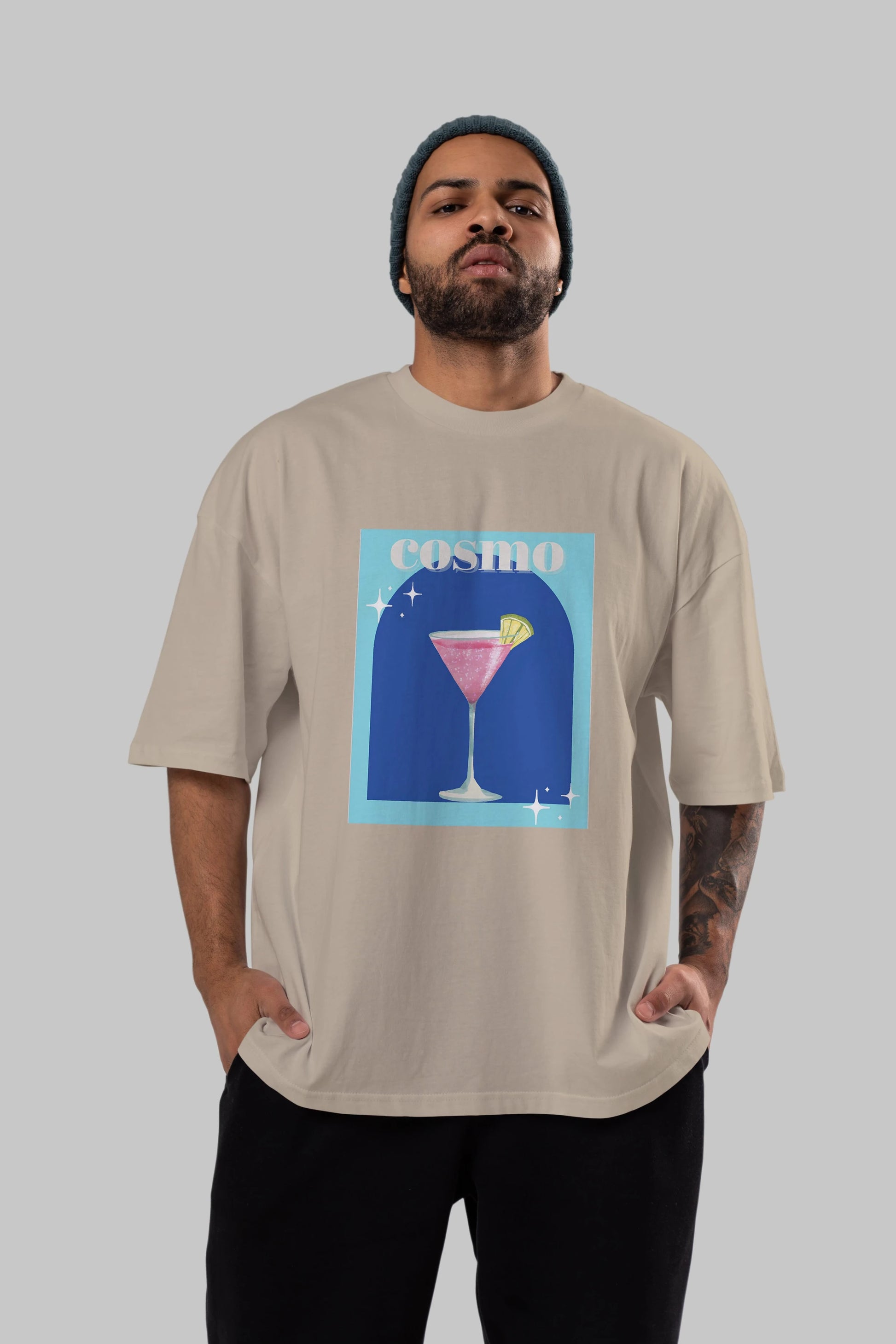 Cosmopolitan 2 Ön Baskılı Oversize t-shirt Erkek Kadın Unisex %100 Pamuk Bisiklet Yaka tişort