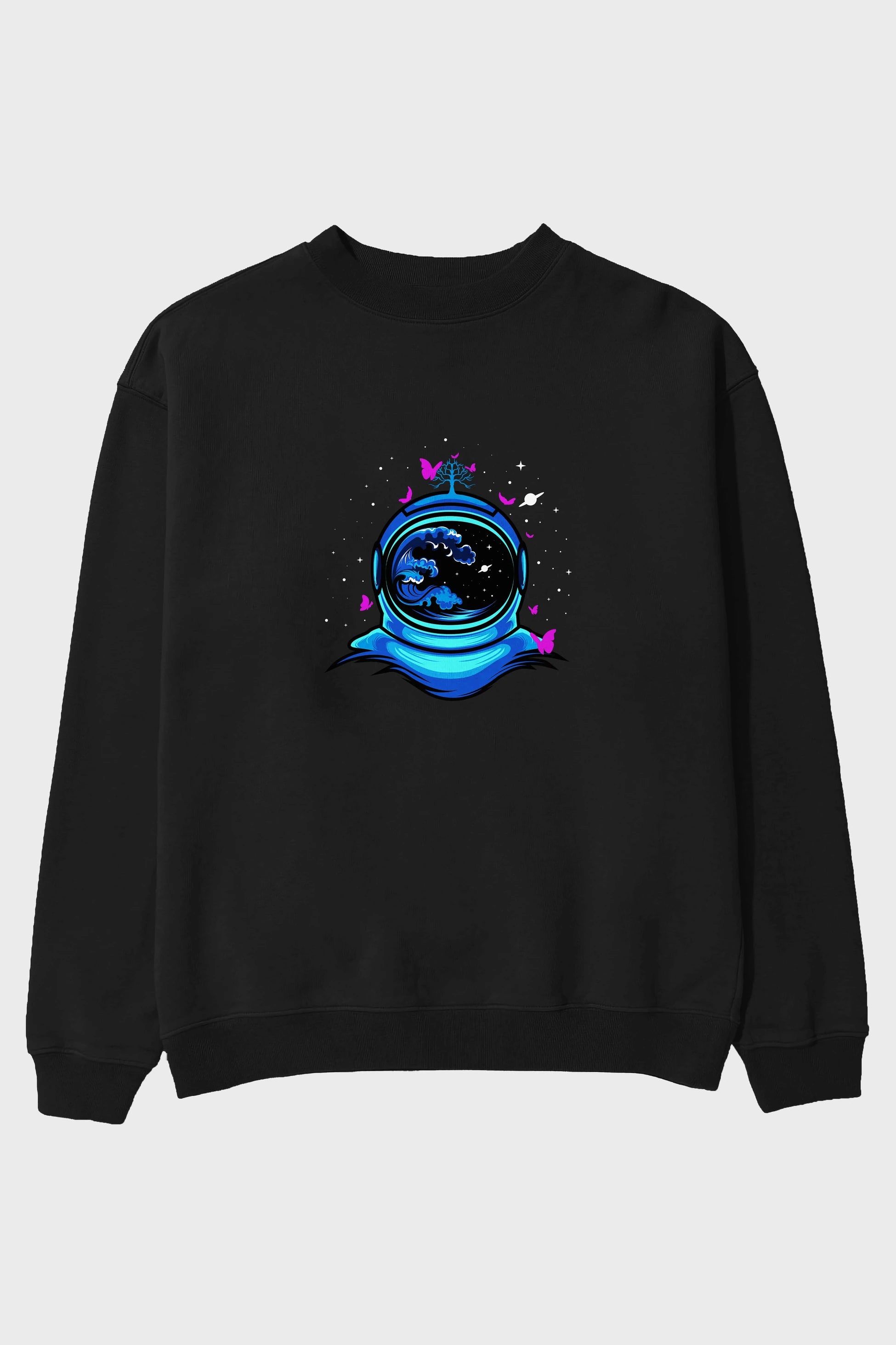 Astronaut and Butterfly Ön Baskılı Oversize Sweatshirt Erkek Kadın Unisex