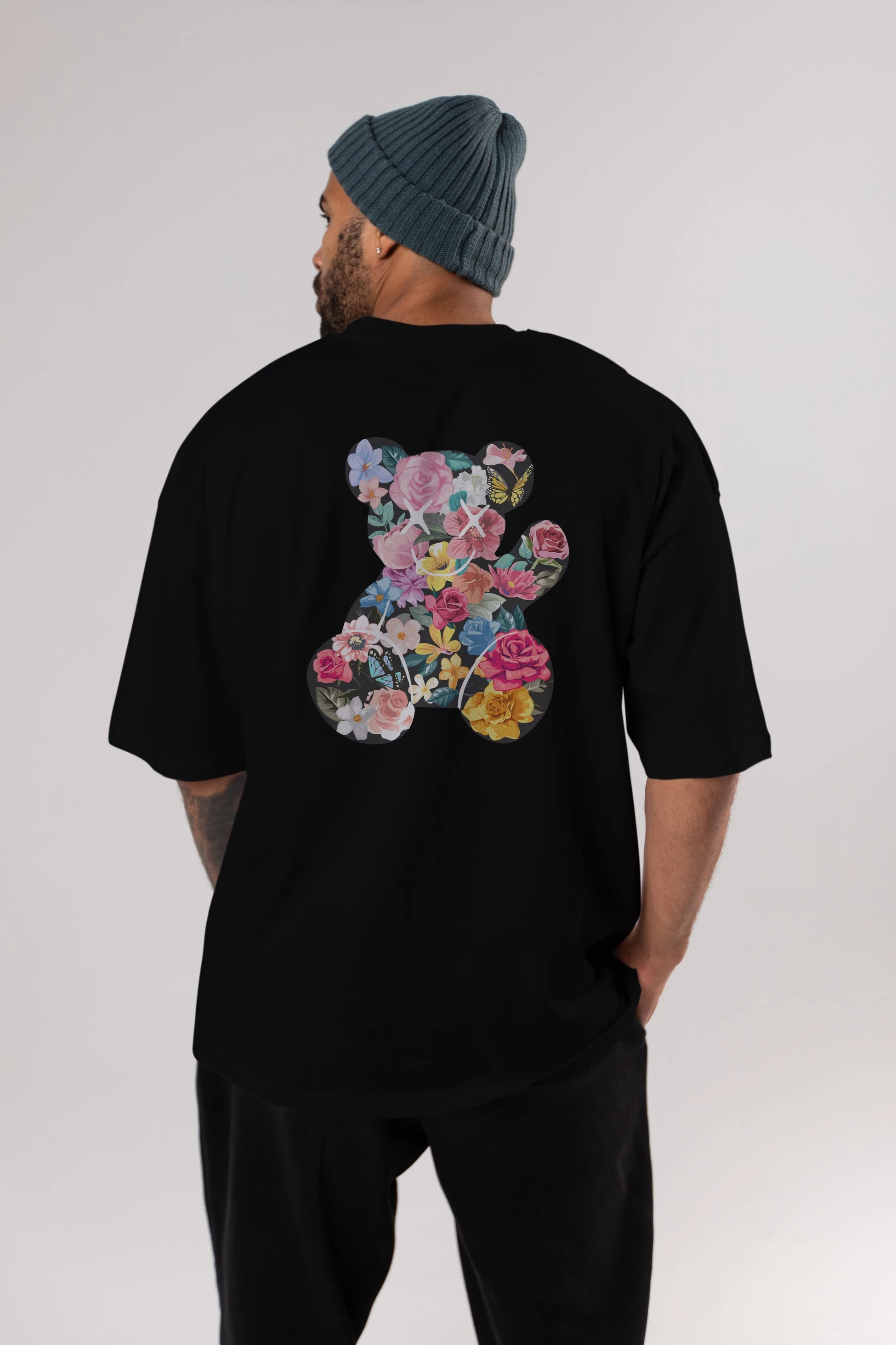 Flowers Bear Arka Baskılı Oversize t-shirt Erkek Kadın Unisex