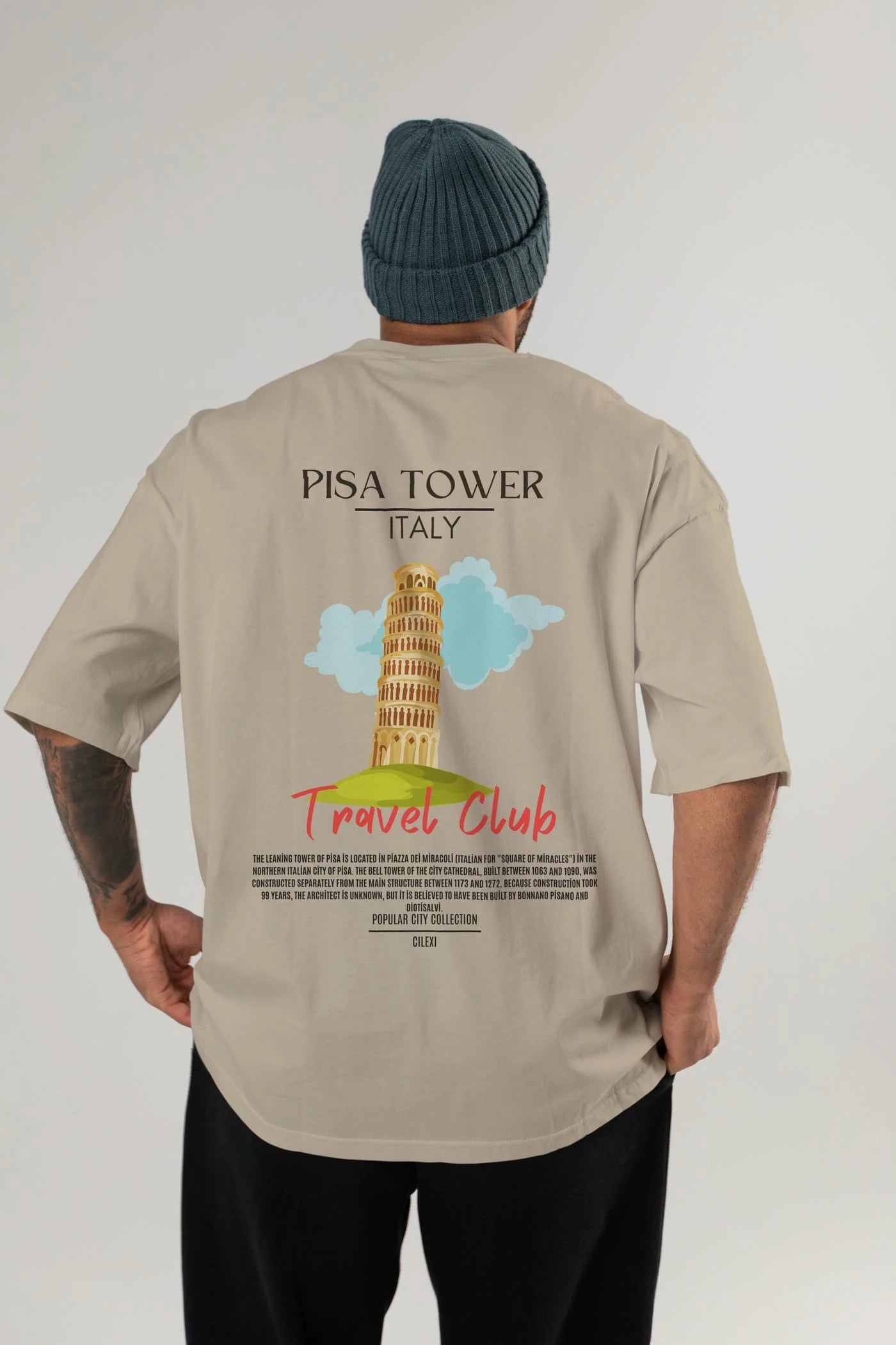 Pisa Tower İtaly Arka Baskılı Oversize t-shirt Erkek Kadın Pamuk Bisiklet Yaka tişort