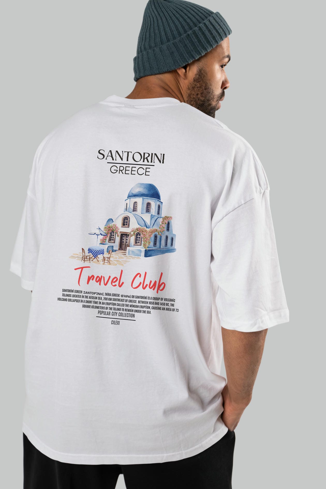 Santorini Greece Arka Baskılı Oversize t-shirt Erkek Kadın Pamuk Bisiklet Yaka tişort