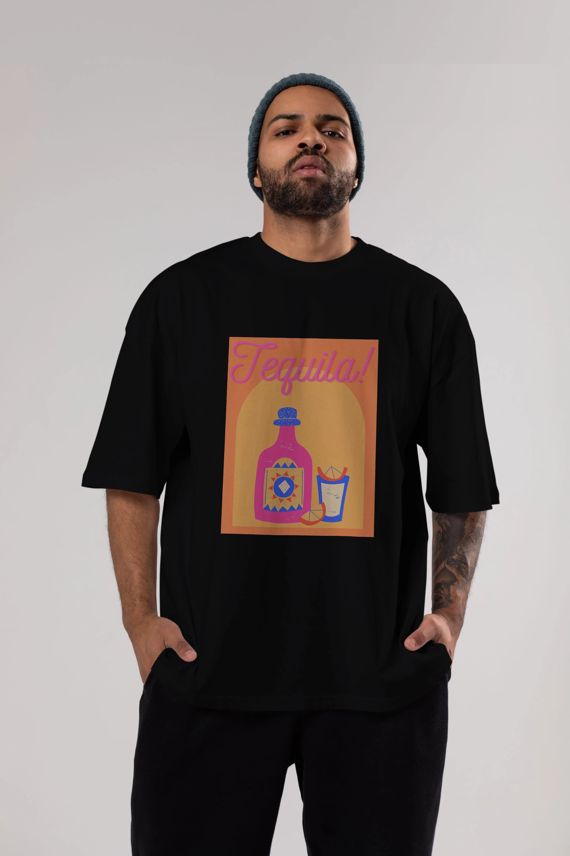 Tequila Ön Baskılı Oversize t-shirt Erkek Kadın Unisex %100 Pamuk Bisiklet Yaka tişort