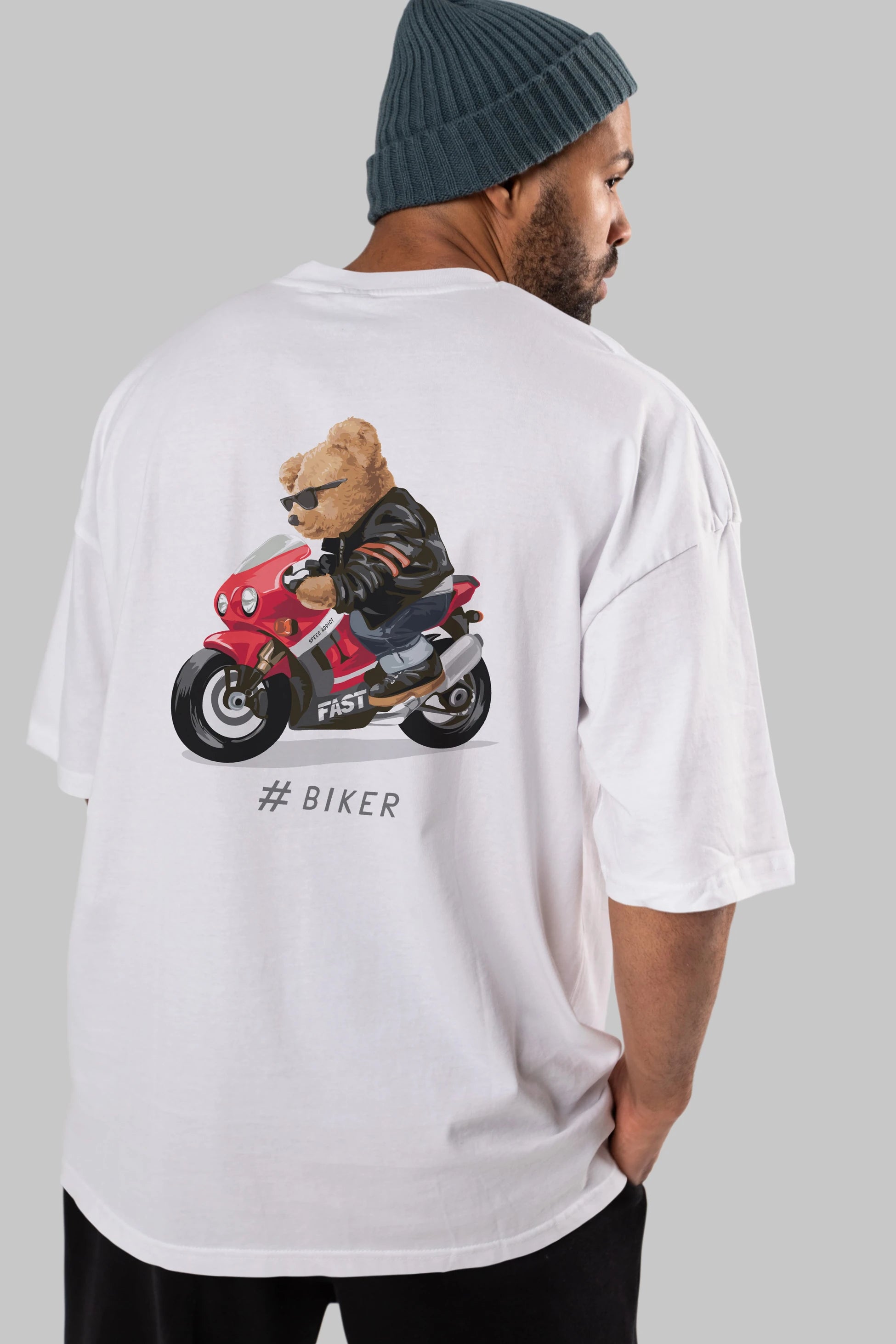 Teddy Bear Biker Arka Baskılı Oversize t-shirt Erkek Kadın Unisex %100 Pamuk