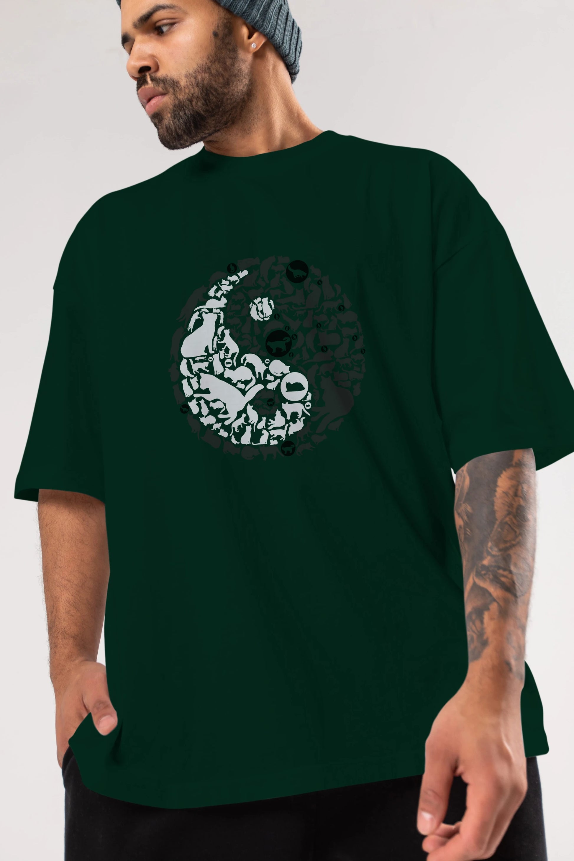 YinYang Cats Ön Baskılı Oversize t-shirt %100 pamuk Erkek Kadın Unisex