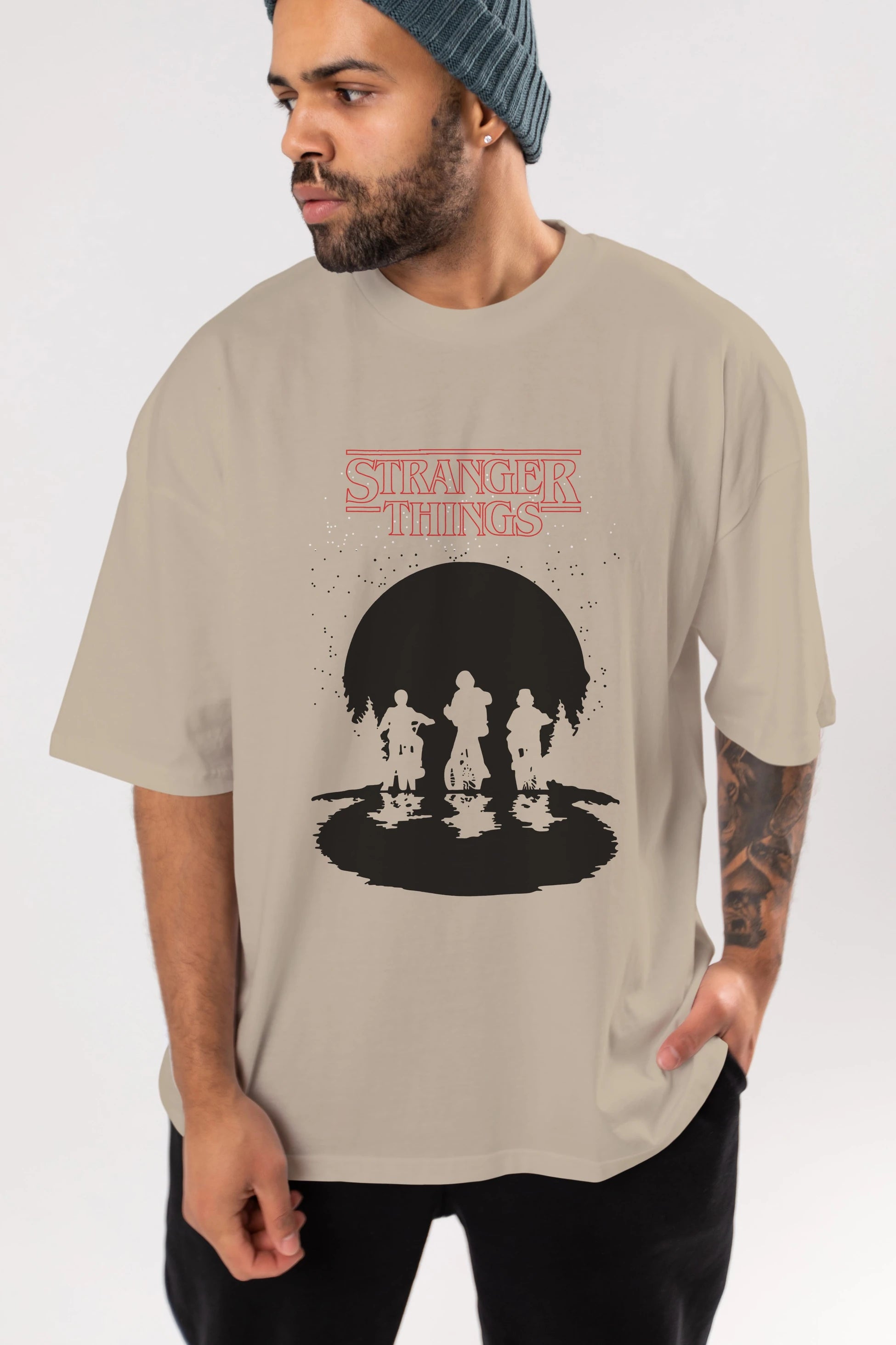 Stranger Things Ön Baskılı Oversize t-shirt Erkek Kadın Unisex %100 Pamuk Bisiklet Yaka tişort